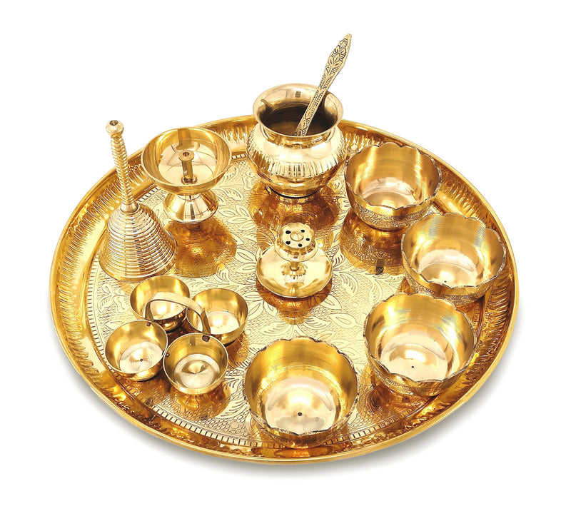 Bengalen Brass Pooja Thali Set 12 Inch with Pital Plate Kalash Bowl Spoon Haldi Kumkum Stand Ghanti Piyali Diya Puja Thali for Diwali Home Office Mandir Wedding Return Gift Items