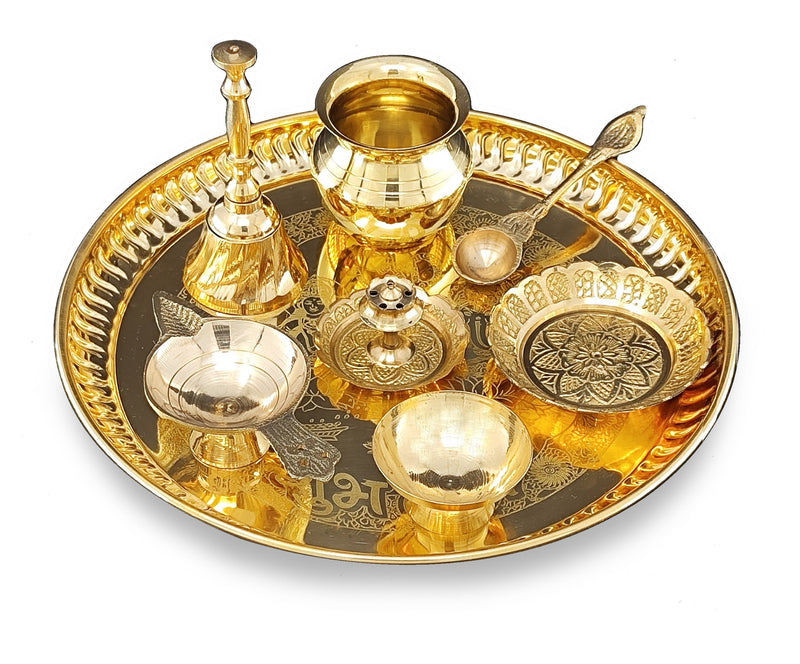 BENGALEN Brass Puja Thali Set 8 Inch Pooja Thali with Pital Plate Kalash Kangura Plate Palli Diya Ghanti Dhup Dan Chandan Wati Arti Thali for Diwali Home Office Mandir Wedding Return Gift Items