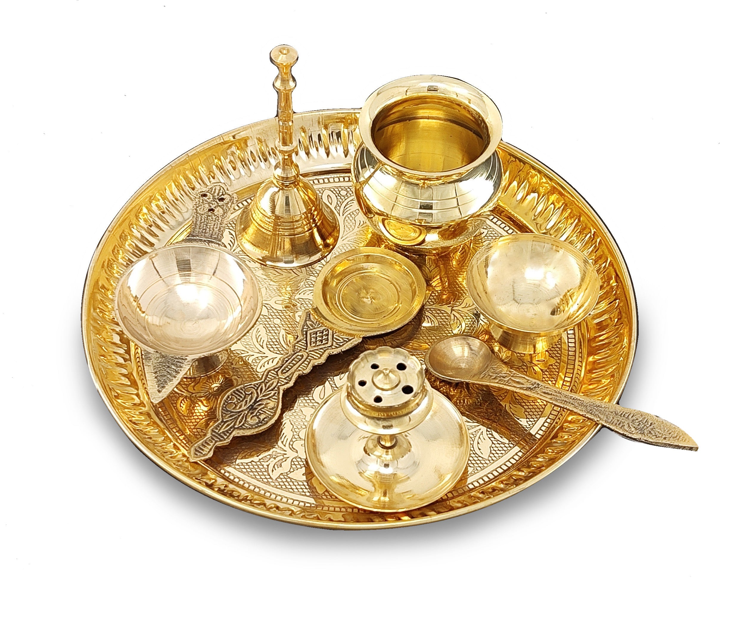 BENGALEN Brass Pooja Thali Set 7 Inch with Pital Puja Plate Kalash Bowl Spoon Dhup Dan Palli Ghanti Kuber Diya Chandan Wati Arti Thali for Diwali Home Office Mandir Wedding Return Gift Items