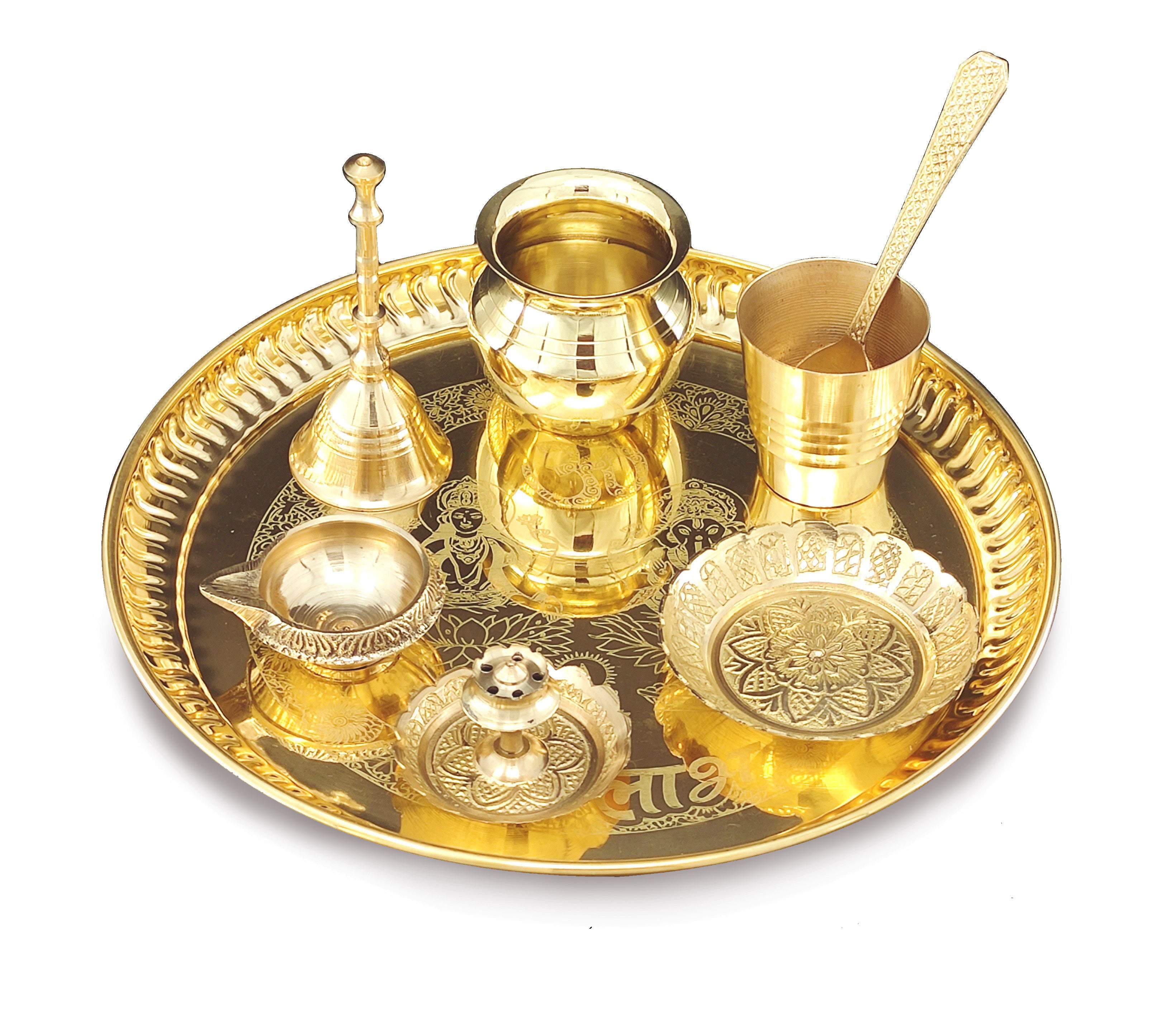 Bengalen Brass Pooja thali Set 8 Inch with Pital Plate Kalash Spoon Glass Diya Bowl Dhup Dan Ghanti Kangura Plate Puja Arti Thali for Diwali Home Mandir Office Wedding Return Gift Items