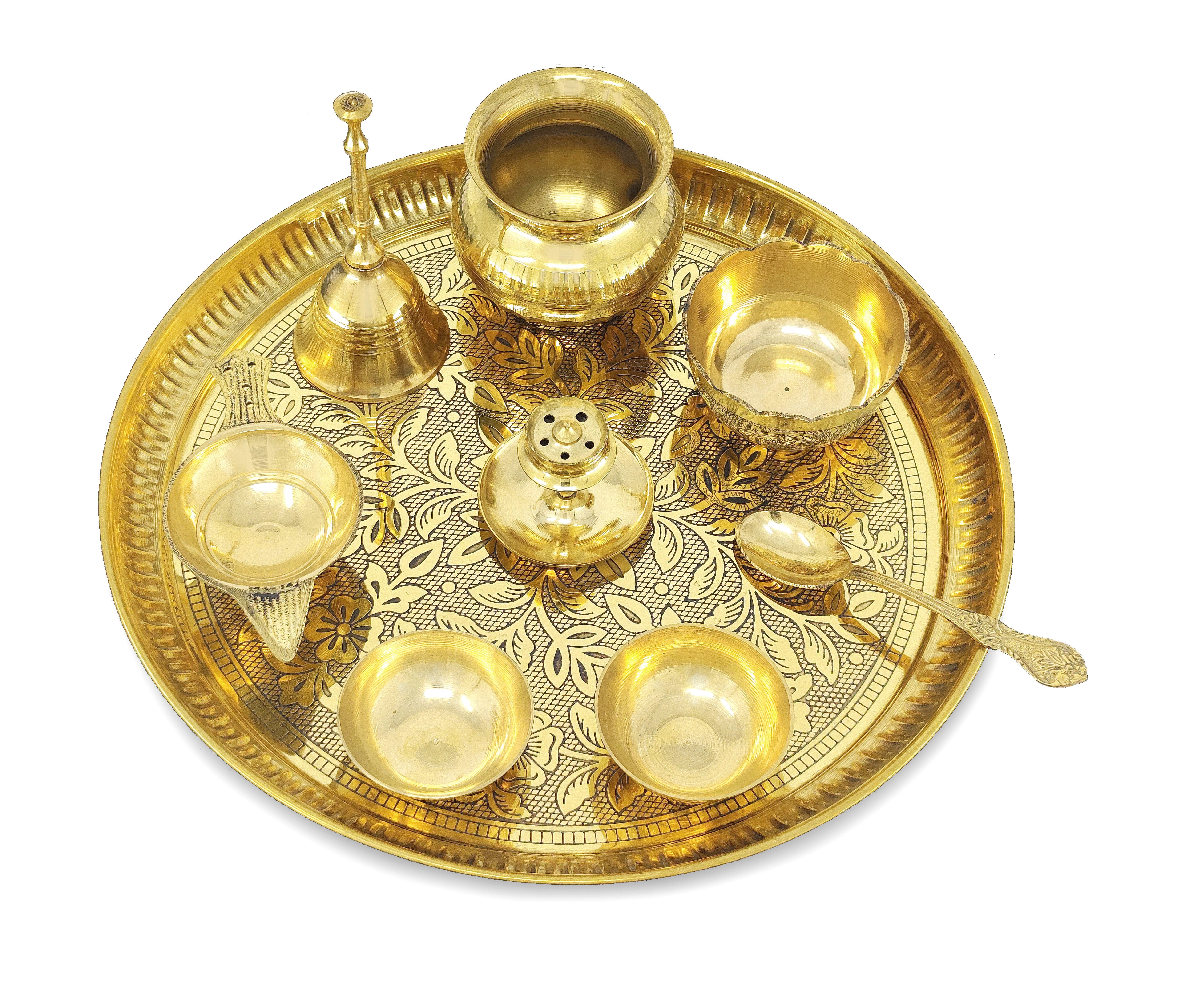 BENGALEN Brass Pooja Thali Set 10 Inch for Diwali Home Office Mandir Wedding Return Gift Items