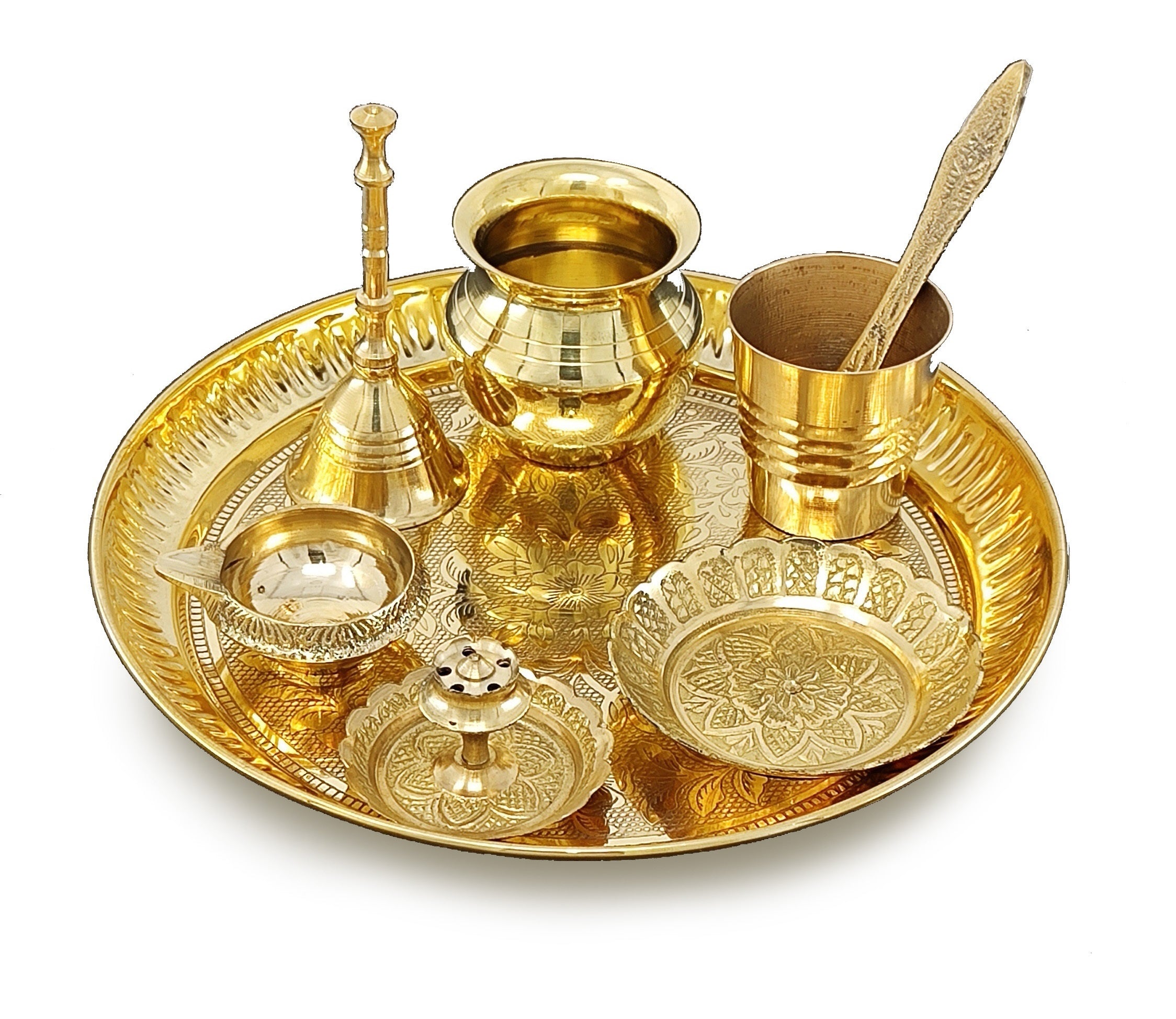 BENGALEN Brass Pooja Thali Set 7 Inch with Pital Puja Plate Kalash Bowl Spoon Dhup Dan Palli Ghanti Kuber Diya Chandan Wati Arti Thali for Diwali Home Office Mandir Wedding Return Gift Items