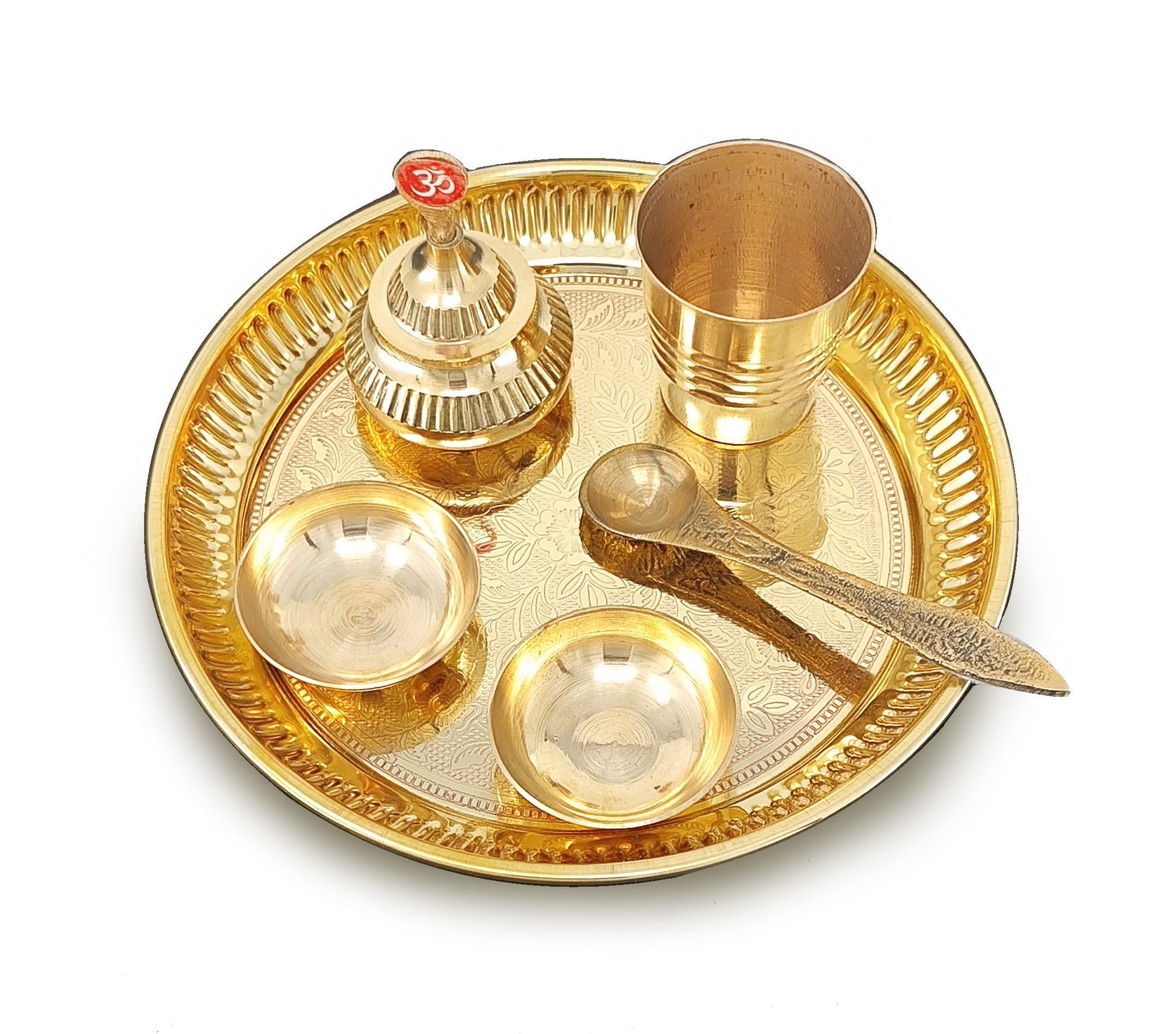 BENGALEN Brass Pooja Thali Set 6 Inch Puja Thali with Pital Plate Plate Glass Chandan Wati Sindoor Dibbi Palli Arti Thali for Diwali Home Office Mandir Wedding Return Gift Items