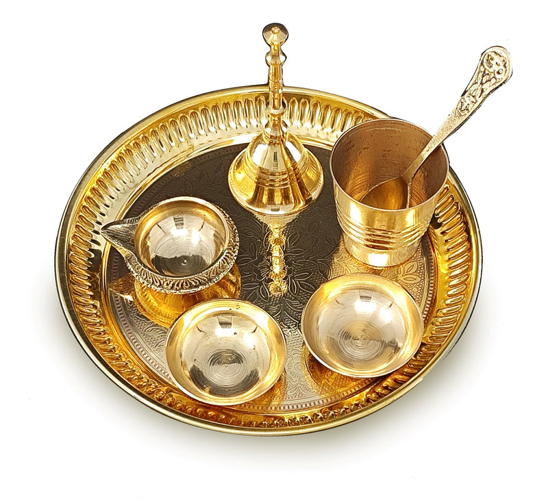 BENGALEN Brass Pooja Thali Set 6 Inch Puja Thali with Pital Plate Glass Chandan Vati Kuber Deep Ghanti Spoon Arti Thali for Diwali Home Office Mandir Wedding Return Gift Items