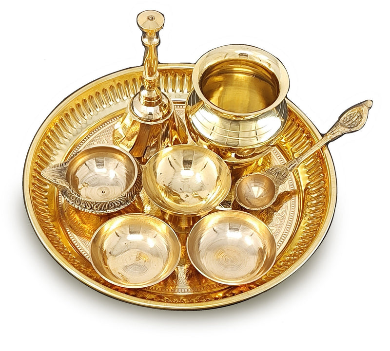 BENGALEN Brass Pooja Thali Set 6 Inch Puja Thali with Pital Plate Chandan Wati Kalash Kuber Diya Ghanti Palli Arti Thali for Diwali Home Office Mandir Wedding Return Gift Items