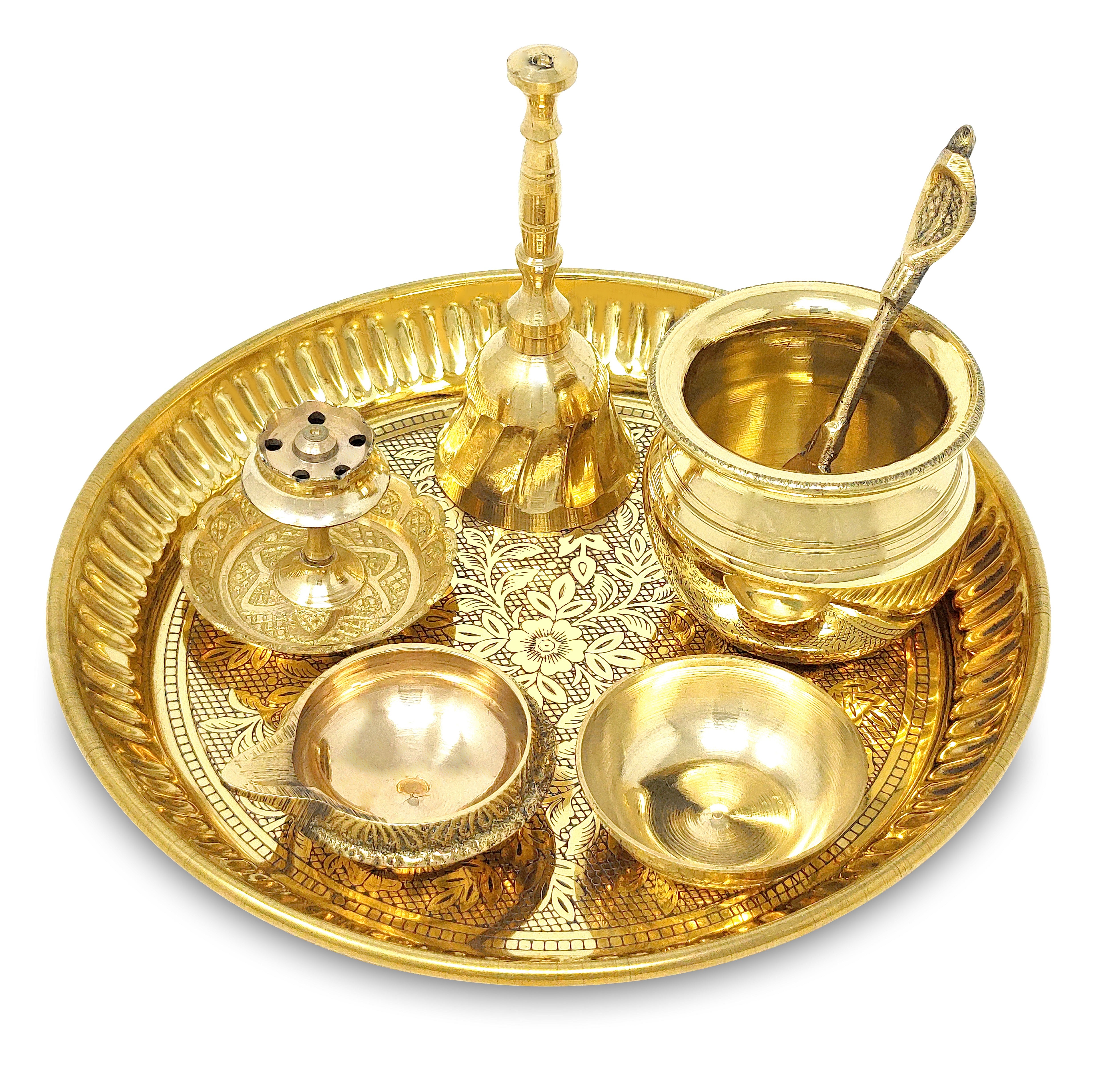 BENGALEN Brass Pooja Thali Set 6 Inch Puja Thali with Pital Plate Kalash Kuber Diya Chandan Wati Agarbatti Stand Ghanti Palli Arti Thali for Diwali Home Office Mandir Wedding Return Gift Items