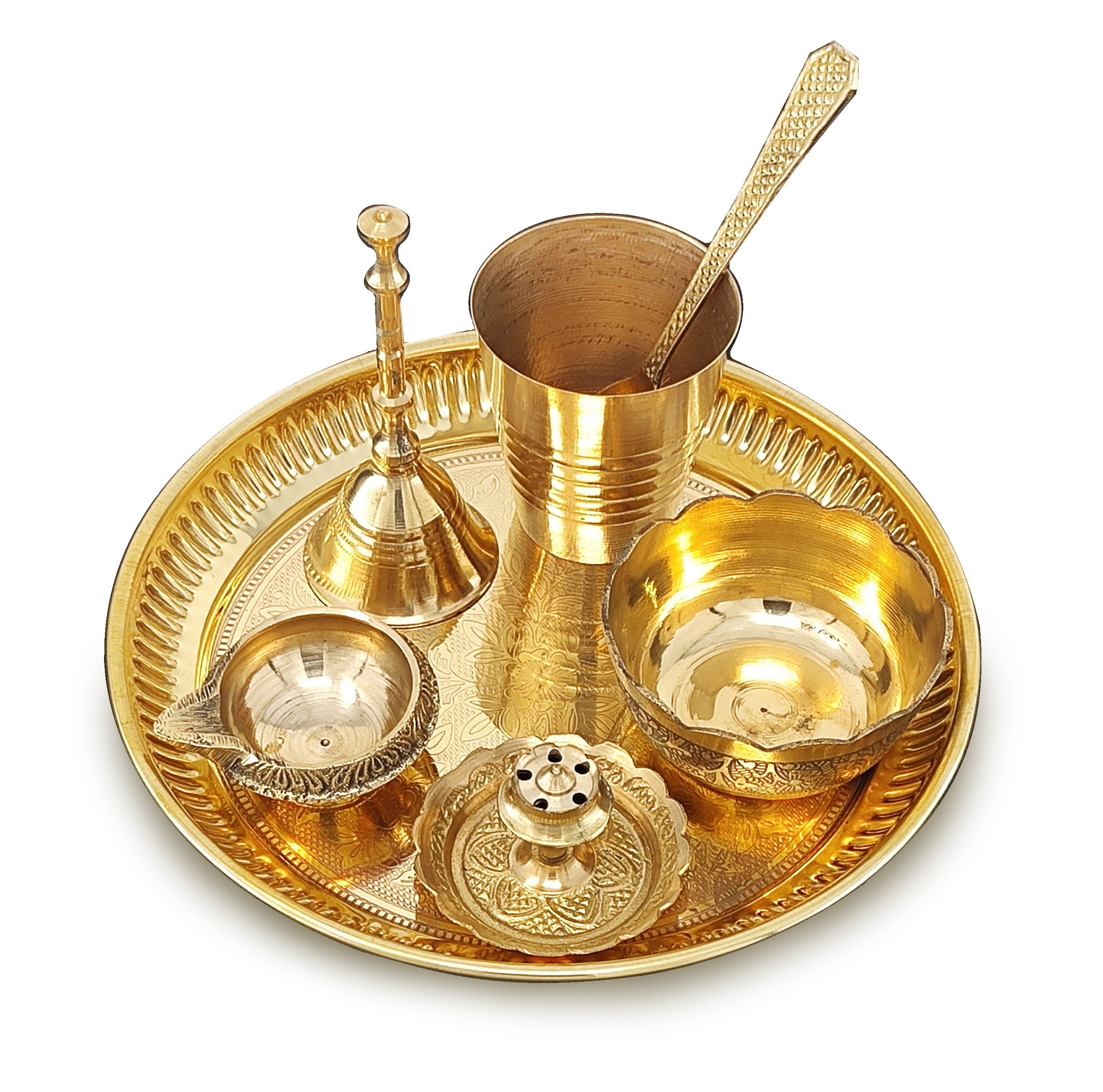 BENGALEN Brass Pooja Thali Set 6 Inch Puja Thali with Pital Plate Bowl Glass Kangura Plate Spoon Arti Thali for Diwali Home Office Mandir Wedding Return Gift Items