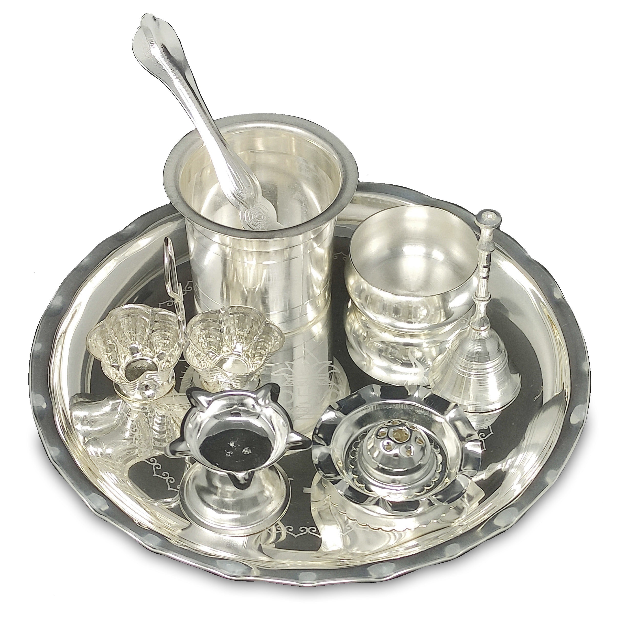 Bengalen Silver Plated Pooja thali Set 08 Inch Festival Ethnic Puja Thali Items for Home, Office, Mandir, Weeding Gift