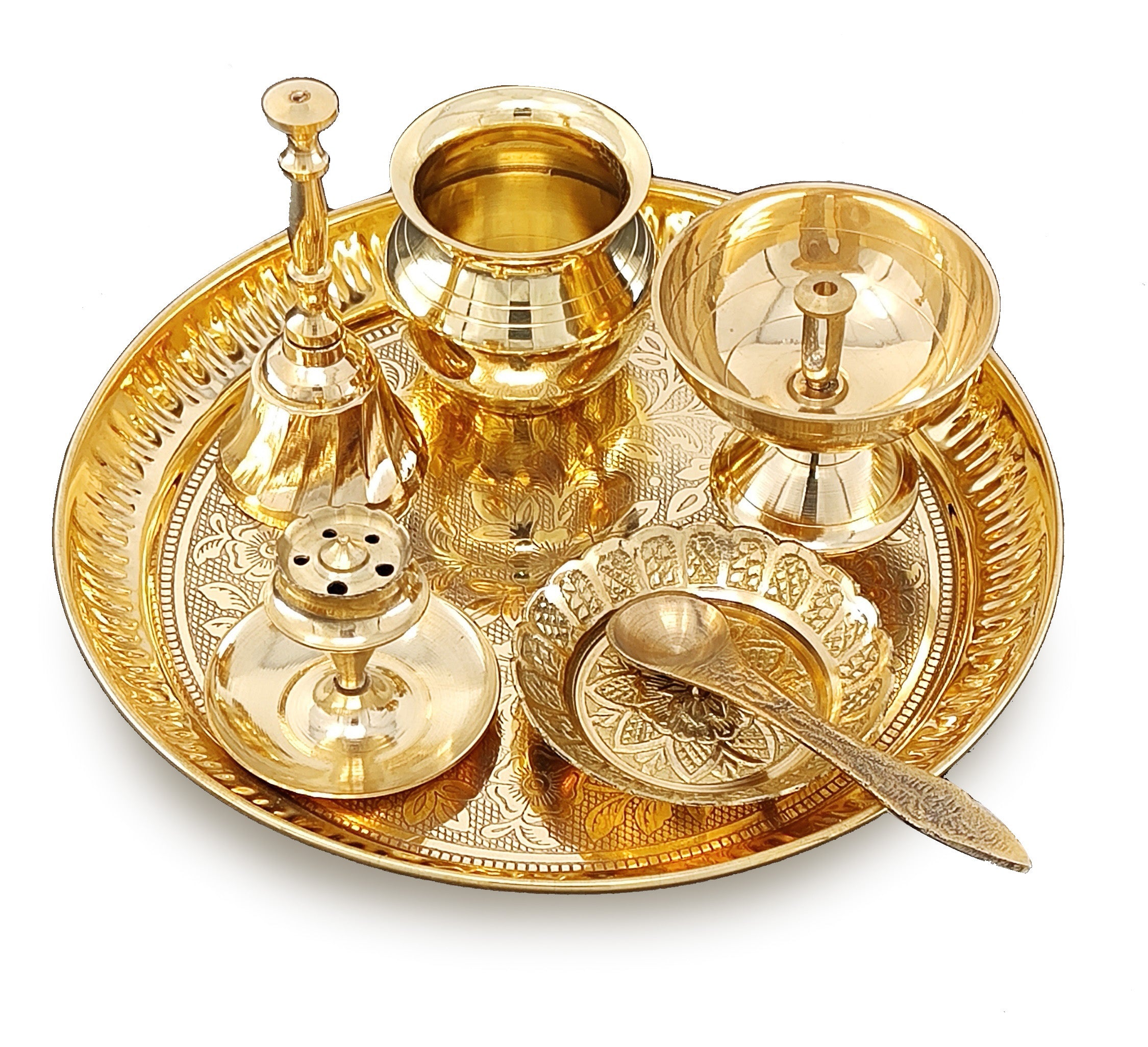 BENGALEN Brass Pooja Thali Set 7 Inch with Pital Puja Plate Kalash Bowl Spoon Dhup Dan Palli Ghanti Kuber Diya Chandan Wati Arti Thali for Diwali Home Office Mandir Wedding Return Gift Items