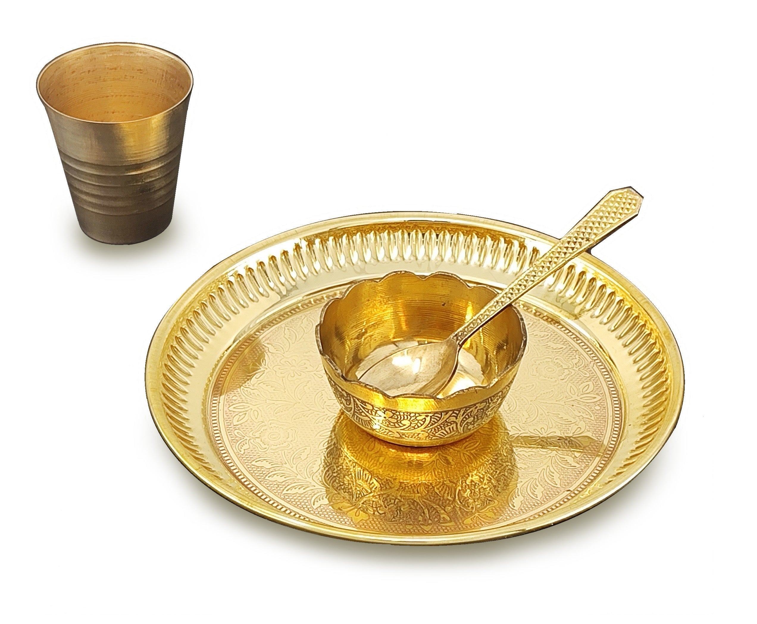 BENGALEN Brass Pooja Bhog Thali Set 6 Inch Puja Thali with Pital Plate Bowl Spoon Glass Arti Bhog Thali for Diwali Home Office Mandir Wedding Return Gift Items