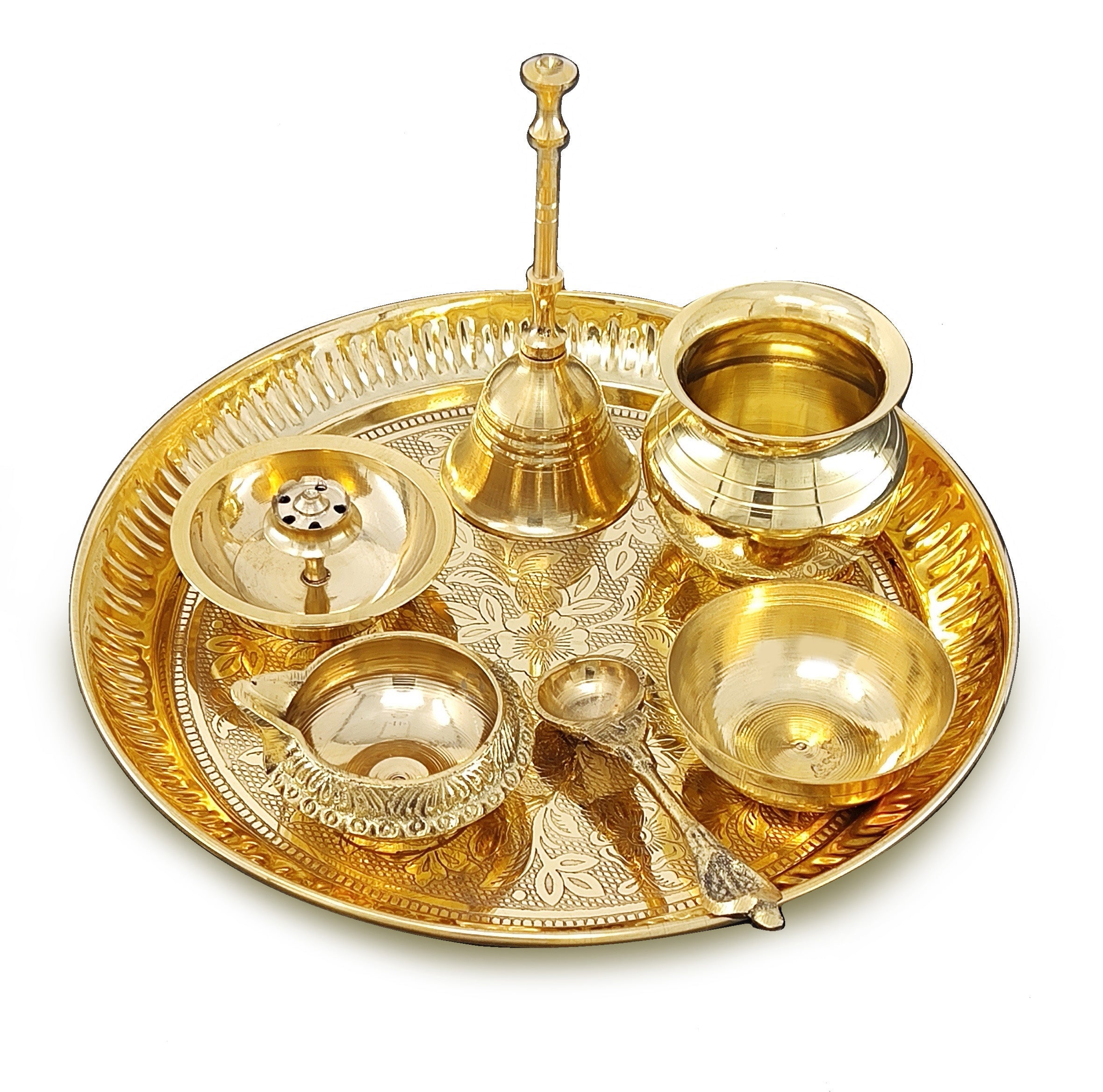 BENGALEN Brass Pooja Thali Set 7 Inch with Pital Puja Plate Kalash Bowl Spoon Dhup Dan Palli Ghanti Kuber Diya Chandan Wati Arti Thali for Diwali Home Office Mandir Wedding Return Gift Items