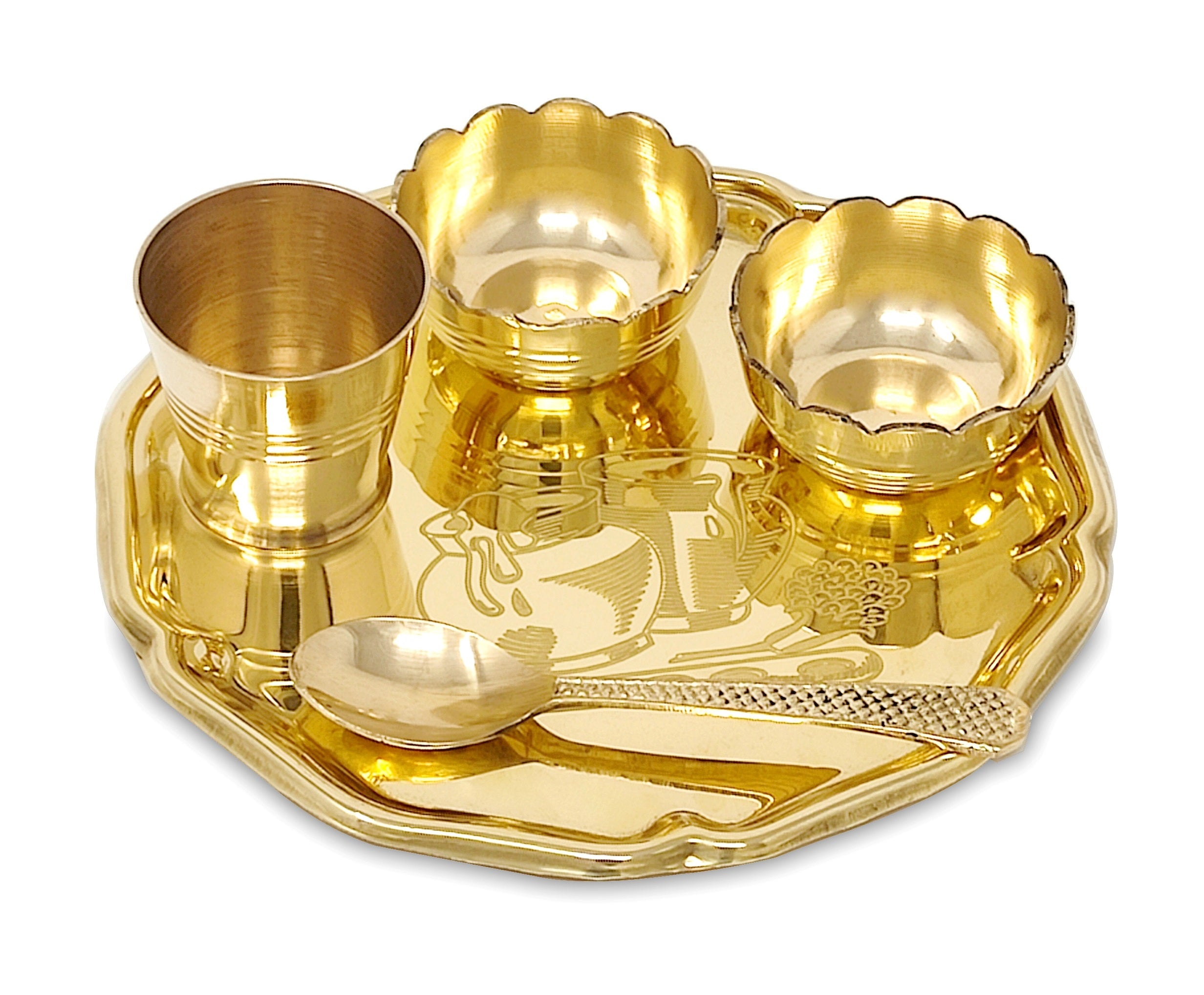 BENGALEN Pooja thali Set Brass Small 6 Inch Laddu Gopal Bhog Thali for Janmashtami Decoration Puja Item Festival Puja Krishna Bhog Thali Set for Home Office Mandir Return Gift Items