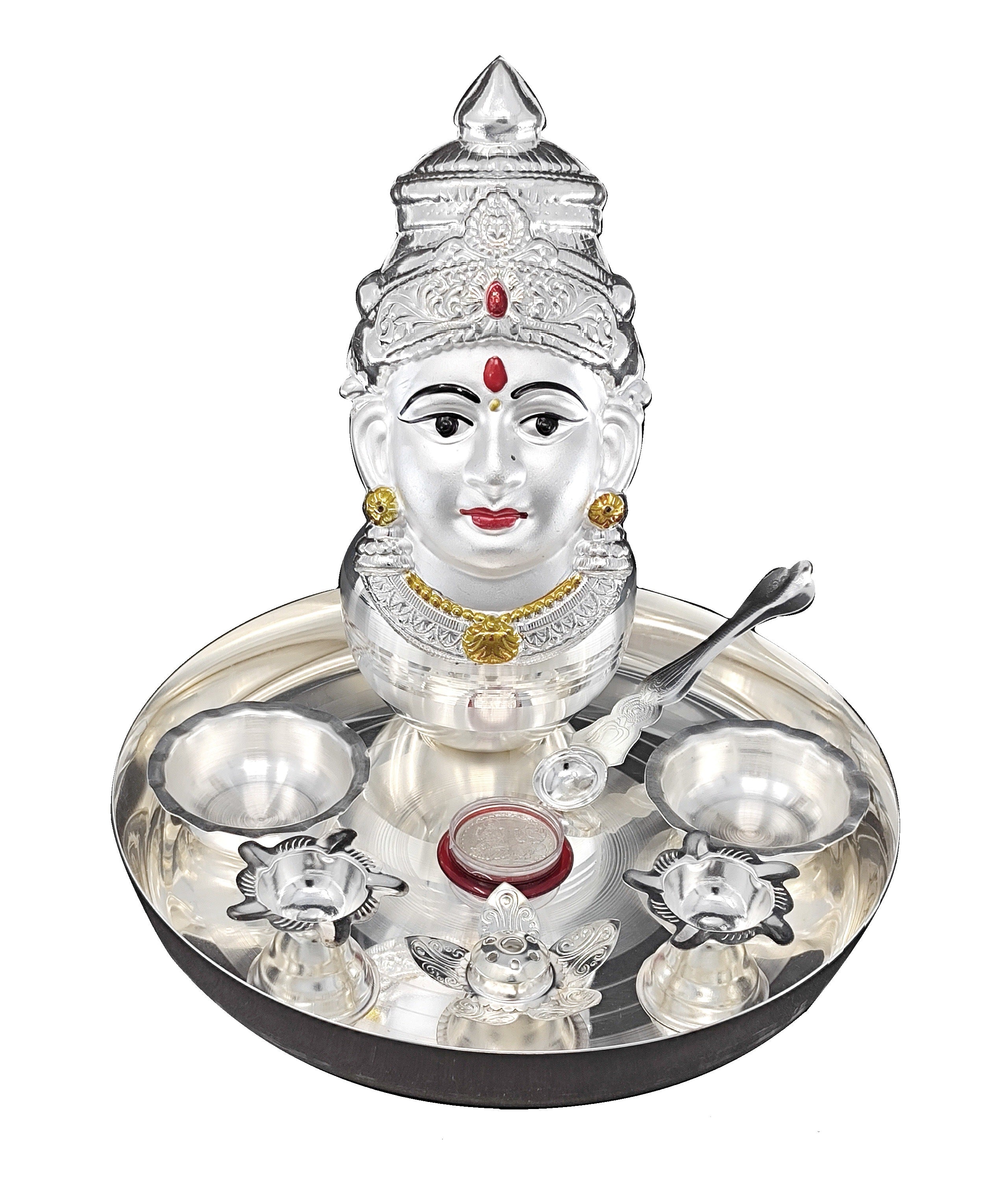 BENGALEN Silver Plated Pooja thali Set with Varalakshmi Devi Mukhota Idol Statue