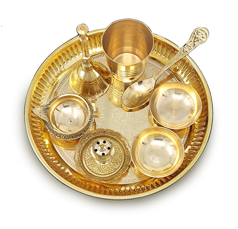 BENGALEN Brass Pooja Thali Set 6 Inch Puja Thali with Pital Plate Glass Chandan Wati Dhup Dan Kuber Deep Ghanti Spoon Arti Thali for Diwali Home Office Mandir Wedding Return Gift Items