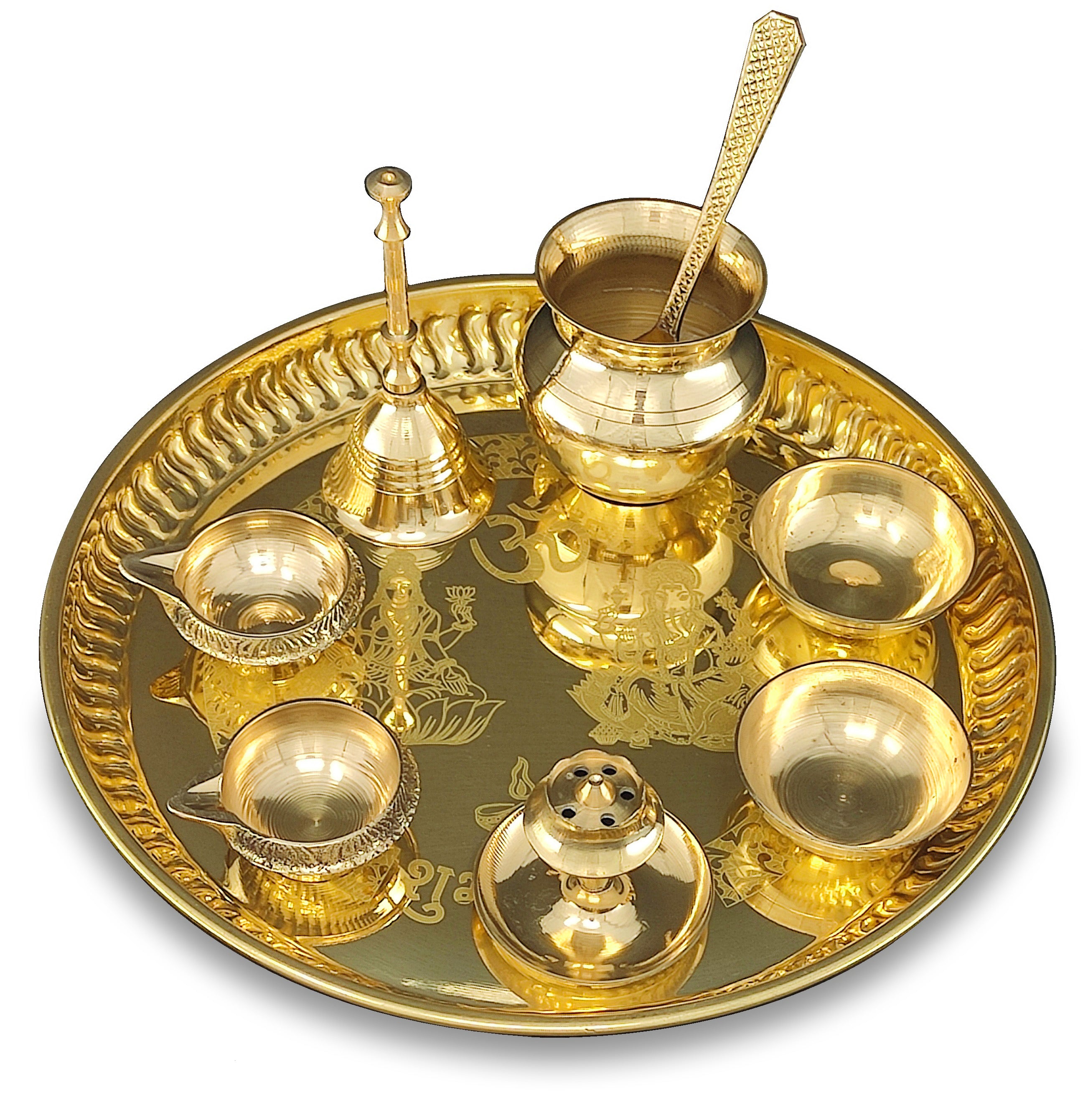 Bengalen Brass Pooja thali 8 Inch with Accessories Ganesh Lakshmi Design Puja Set Wedding Return Gift Items
