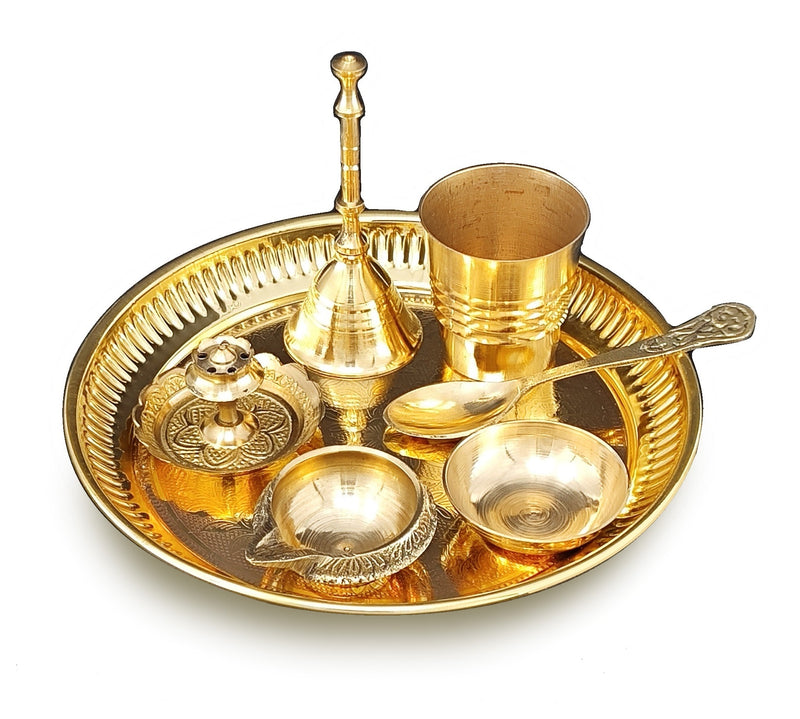 BENGALEN Brass Pooja Thali Set 6 Inch Puja Thali with Pital Plate Glass Chandan Wati Spoon Kuber Diya Dhup Dan Ghanti Arti Thali for Diwali Home Office Mandir Wedding Return Gift Items