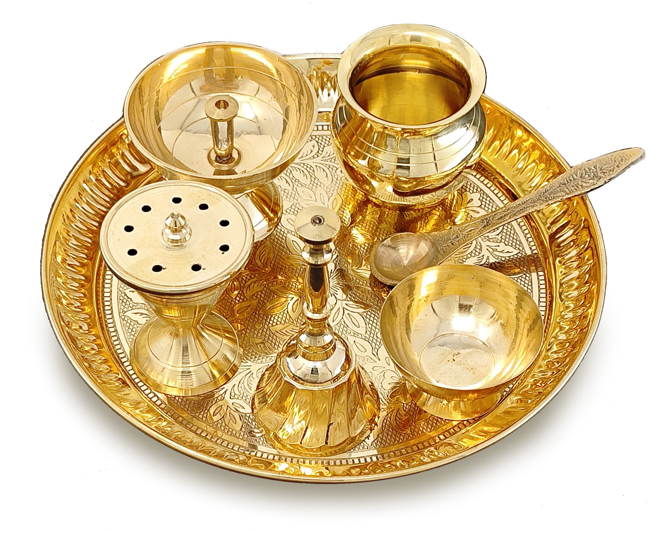 BENGALEN Brass Pooja Thali Set 7 Inch with Pital Puja Plate Kalash Bowl Spoon Dhup Dan Palli Ghanti Kuber Diya Chandan Wati Arti Thali for Diwali Home Office Mandir Wedding Return Gift Items