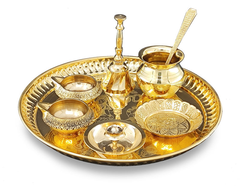 BENGALEN Brass Pooja Thali Set 8 Inch with Pital Puja Plate Kalash Kangura Plate Spoon Kuber Diya Ghanti Dhup Dan Arti Thali for Diwali Home Office Mandir Wedding Return Gift Items