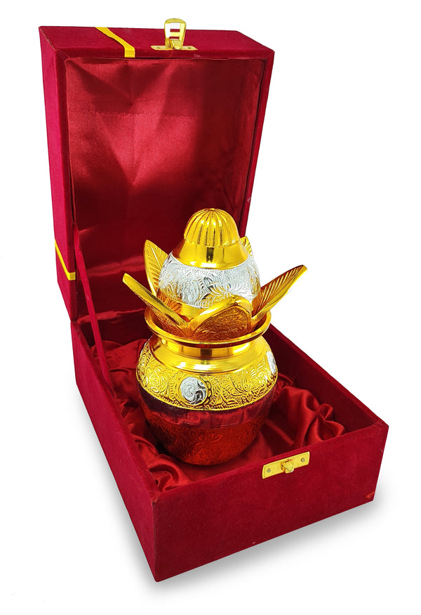 BENGALEN German Silver Gold Plated Pooja Kalash lota Coconut Leaves with Royal Velvet Box Poojan Home Temple Diwali Wedding Gift Items
