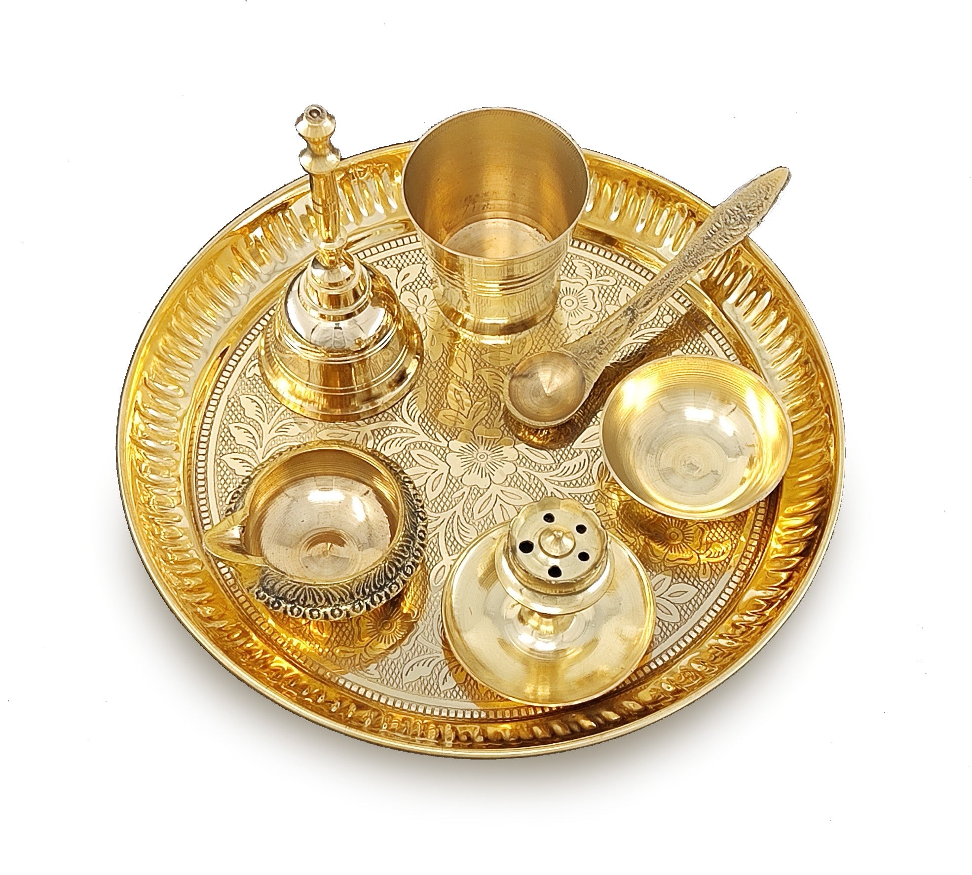 BENGALEN Brass Pooja Thali Set 7 Inch with Pital Puja Plate Kalash Bowl Spoon Dhup Dan Palli Ghanti Kuber Diya Chandan Wati Arti Thali for Diwali Home Office Mandir Wedding Return Gift Items