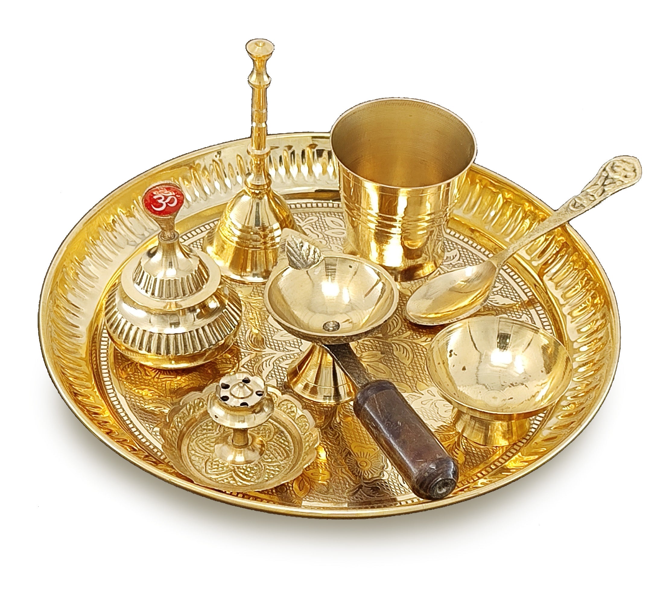 BENGALEN Brass Pooja Thali Set 7 Inch with Pital Puja Plate Kalash Bowl Spoon Dhup Dan Palli Ghanti Kuber Diya Chandan Wati Arti Thali for Diwali Home Office Mandir Wedding Return Gift Items