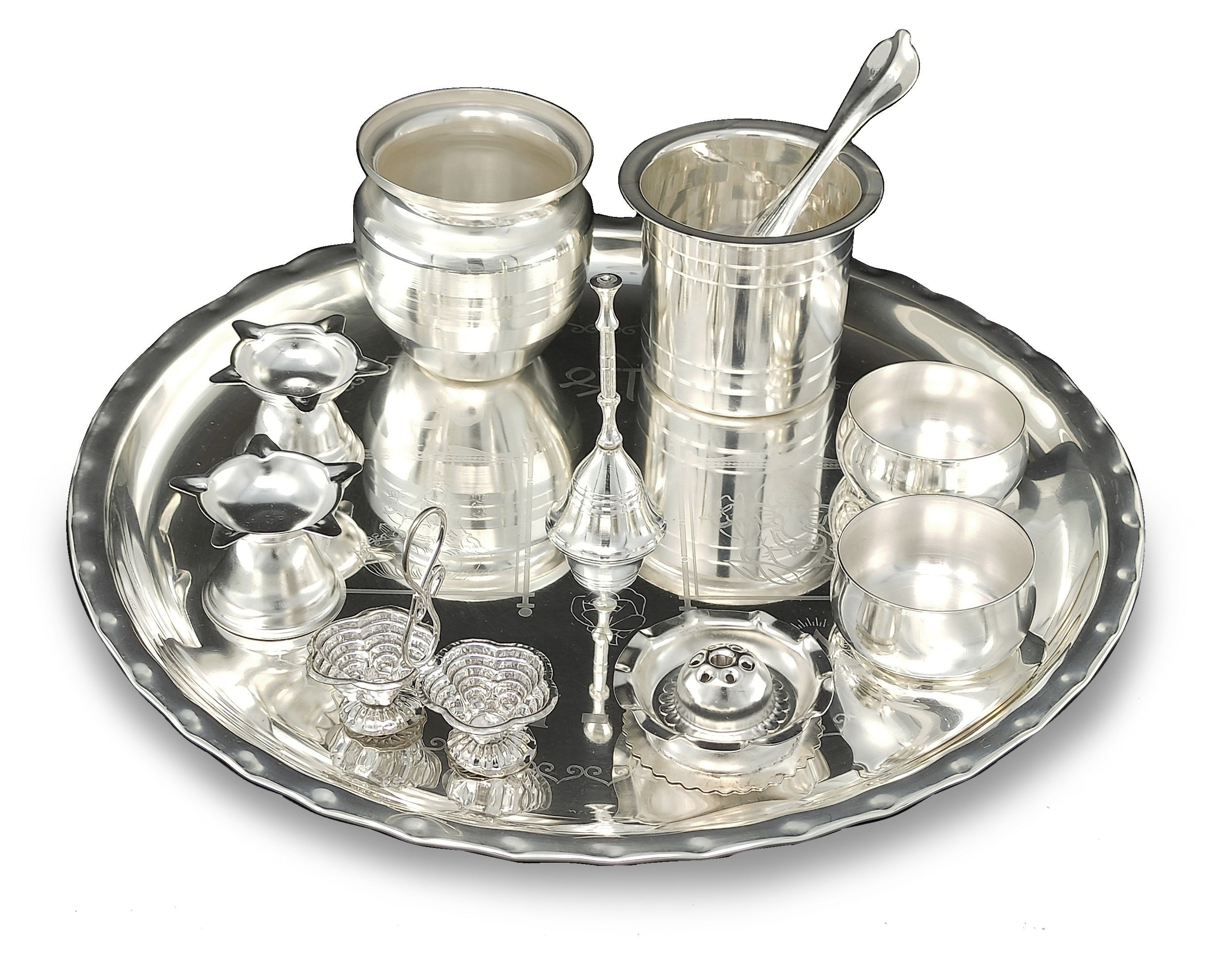 BENGALEN Pooja Thali Set 12 Inch Silver Plated with Designed Puja Plate Kalash Panchpatra Palli Bowl Dhup Dan Ghanti Haldi Kumkum Stand Diya for Home Mandir Office Wedding Return Gift Items