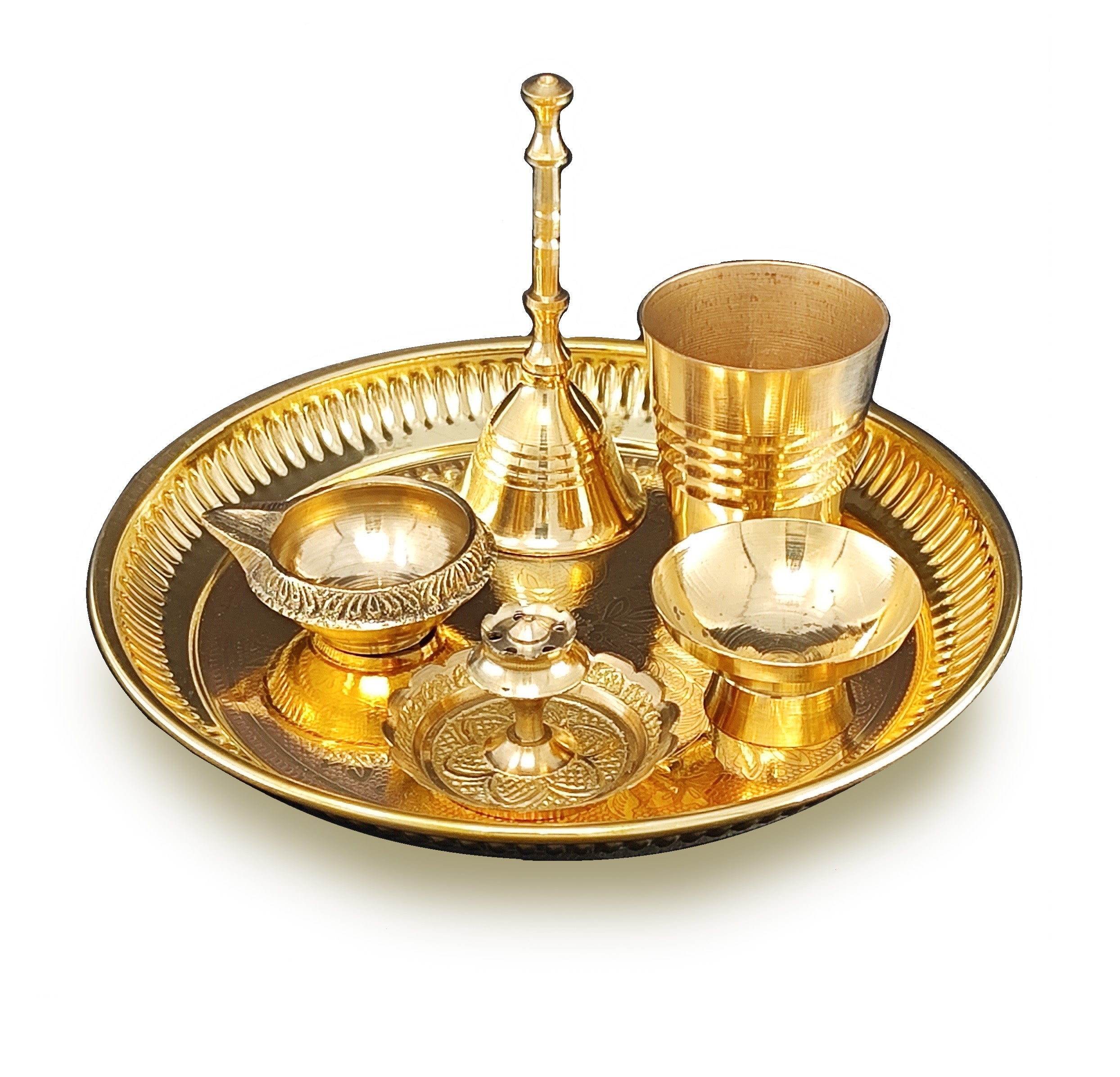 BENGALEN Brass Pooja Thali Set 6 Inch Puja Thali with Pital Plate Glass Chandan Vati Dhup Dan Kuber Diya Ghanti Arti Thali for Diwali Home Office Mandir Wedding Return Gift Items