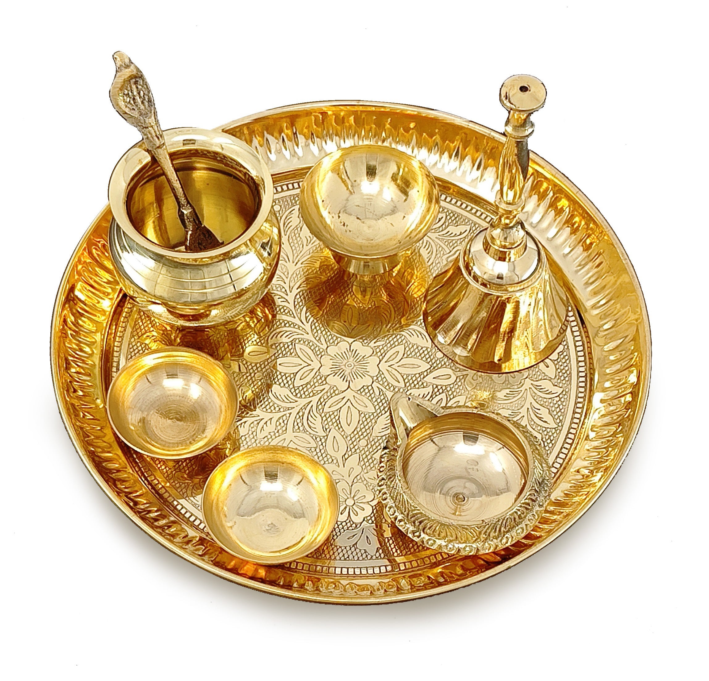 BENGALEN Brass Pooja Thali Set 7 Inch with Pital Puja Plate Kalash Bowl Spoon Dhup Dan Palli Ghanti Kuber Diya Chandan Wati Arti Thali for Diwali Home Office Mandir Wedding Return Gift Items