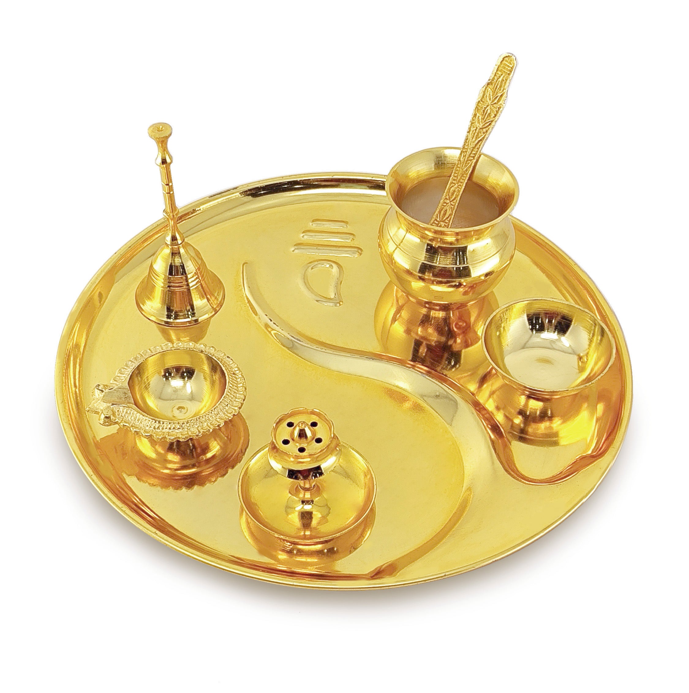 BENGALEN Pooja Thali Set Gold Plated with Gift Box 22 cm Designed Puja Plate Kalash Ghanti Bowl Spoon Dhup Dan Kuber Diya for Housewarming Diwali Wedding Gift Items