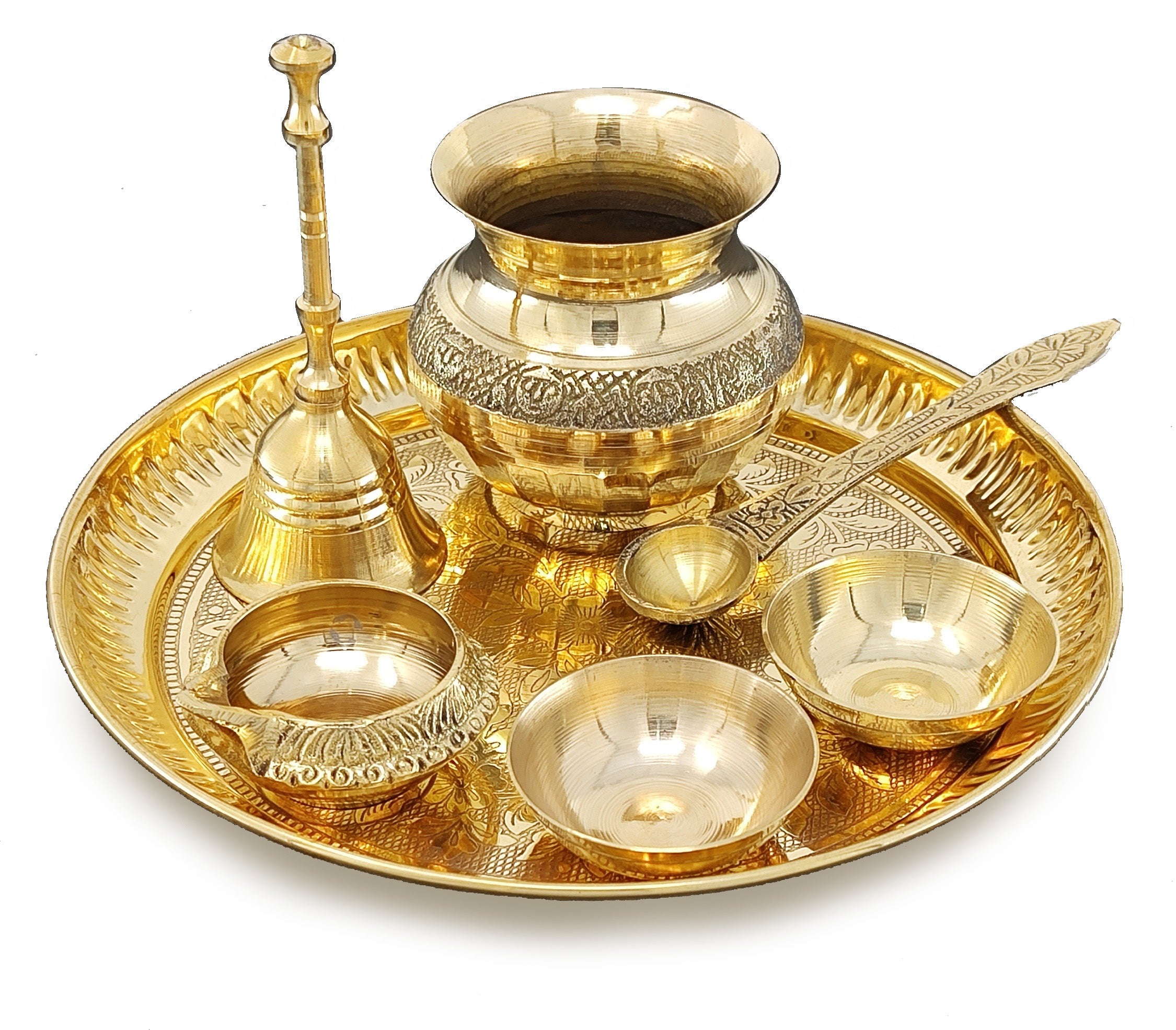 BENGALEN Brass Pooja Thali Set 7 Inch with Pital Puja Plate Kalash Bowl Spoon Dhup Dan Palli Ghanti Kuber Diya Chandan Wati Arti Thali for Diwali Home Office Mandir Wedding Return Gift Items