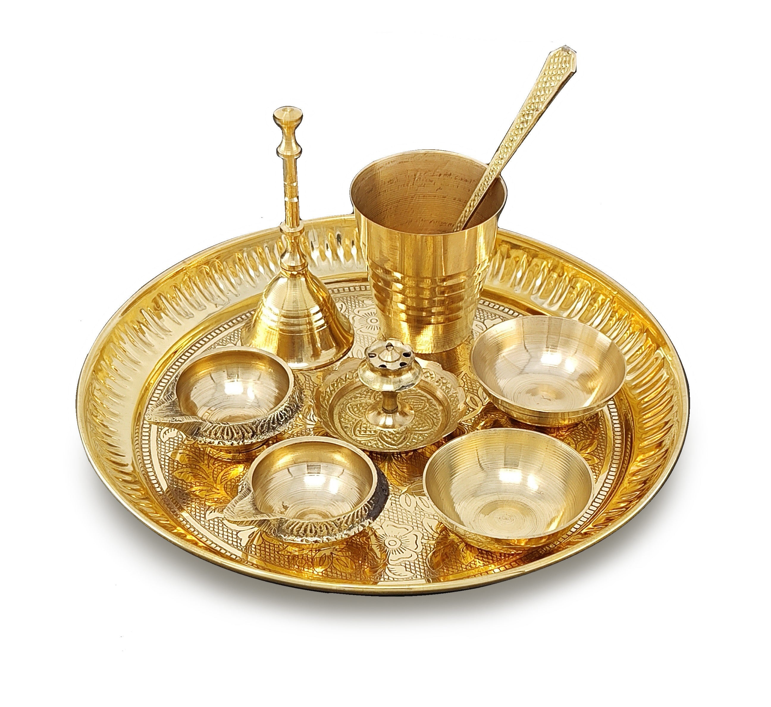 BENGALEN Brass Pooja Thali Set 7 Inch with Pital Puja Plate Kalash Bowl Spoon Dhup Dan Palli Ghanti Kuber Diya Chandan Wati Arti Thali for Diwali Home Office Mandir Wedding Return Gift Items