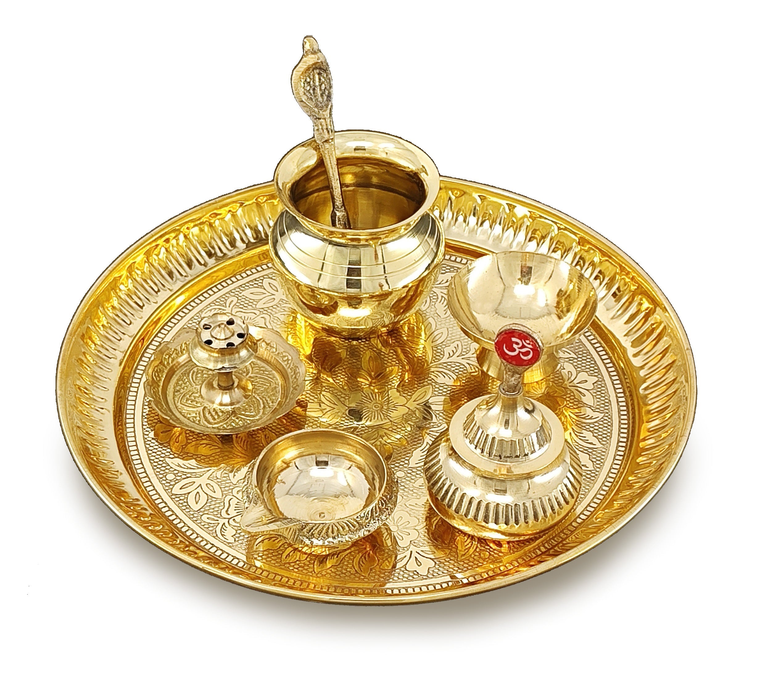 BENGALEN Brass Pooja Thali Set 7 Inch with Pital Puja Plate Kalash Bowl Spoon Dhup Dan Palli Ghanti Kuber Diya Chandan Wati Arti Thali for Diwali Home Office Mandir Wedding Return Gift Items