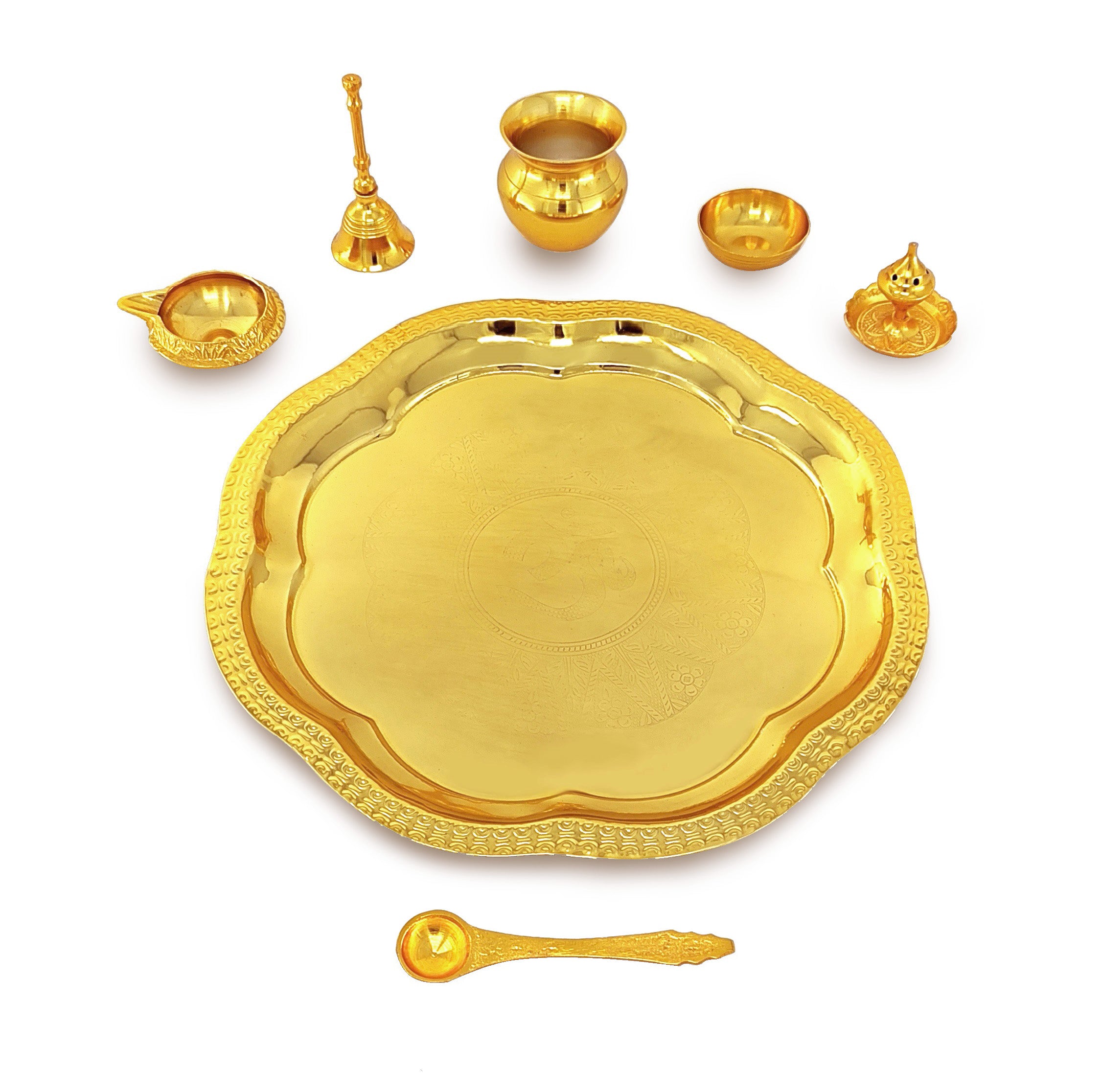 BENGALEN Pooja Thali Set Gold Plated with Gift Box 22 cm Designed Puja Plate Kalash Ghanti Bowl Spoon Dhup Dan Diya for Housewarming Diwali Wedding Gift Items