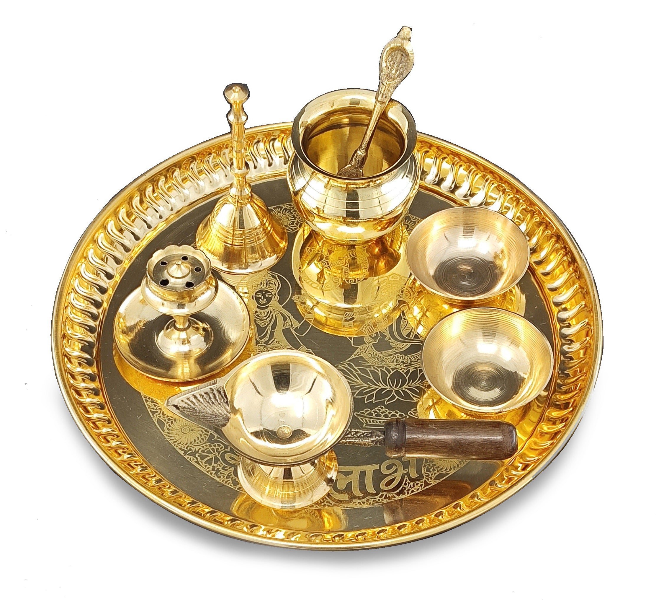 BENGALEN Brass Pooja Thali Set 8 Inch with Pital Puja Plate Kalash Bowl Palli Chandan Wati Diya Ghanti Dhup Dan Arti Thali for Diwali Home Office Mandir Wedding Return Gift Items