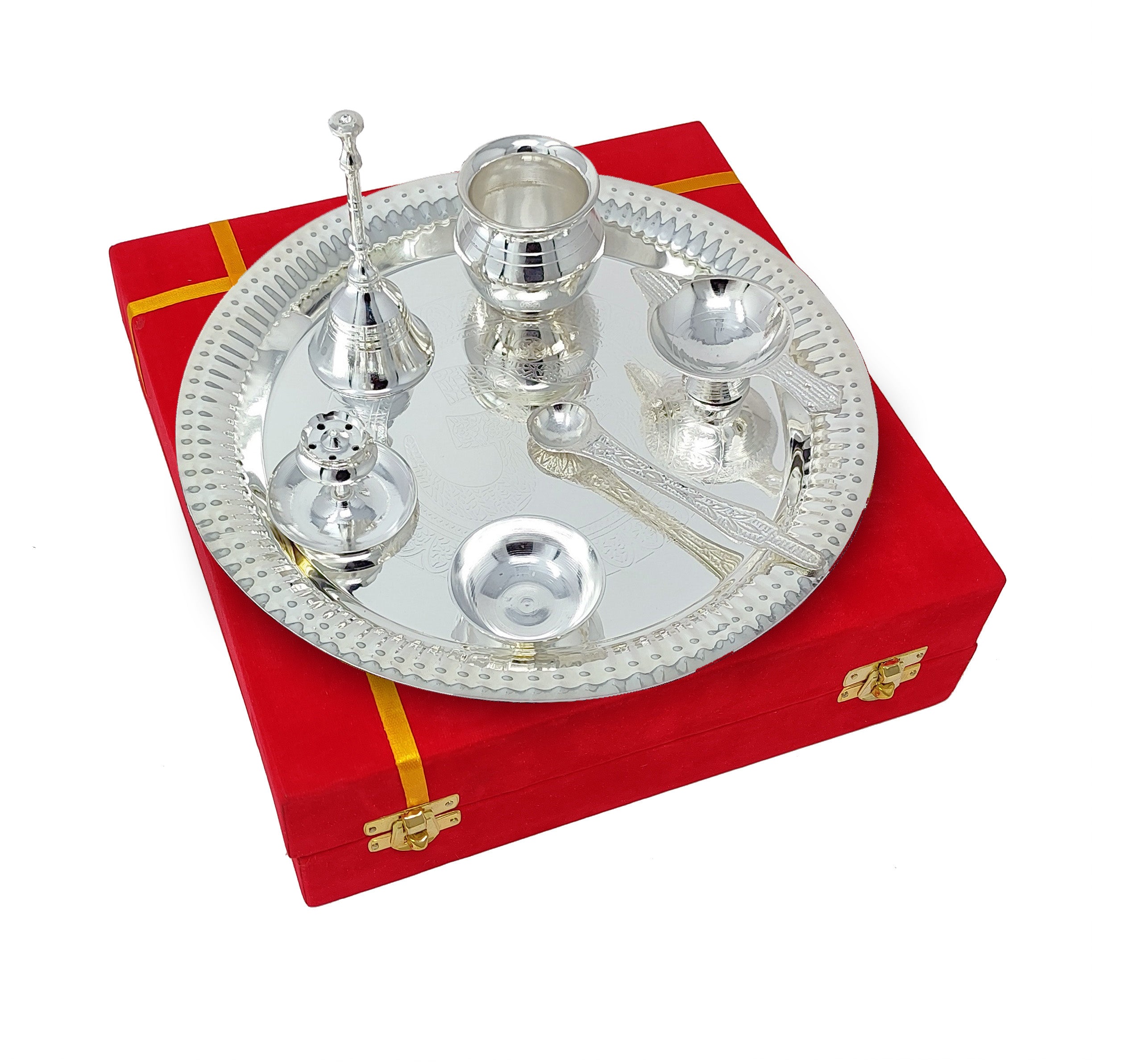 BENGALEN Pooja Thali Set Silver Plated with Red Gift Box Om Designed 22 cm Puja Plate Kalash Bowl Ghanti Spoon Dhup Dan Diya for Home Office Diwali Wedding Return Gift Items