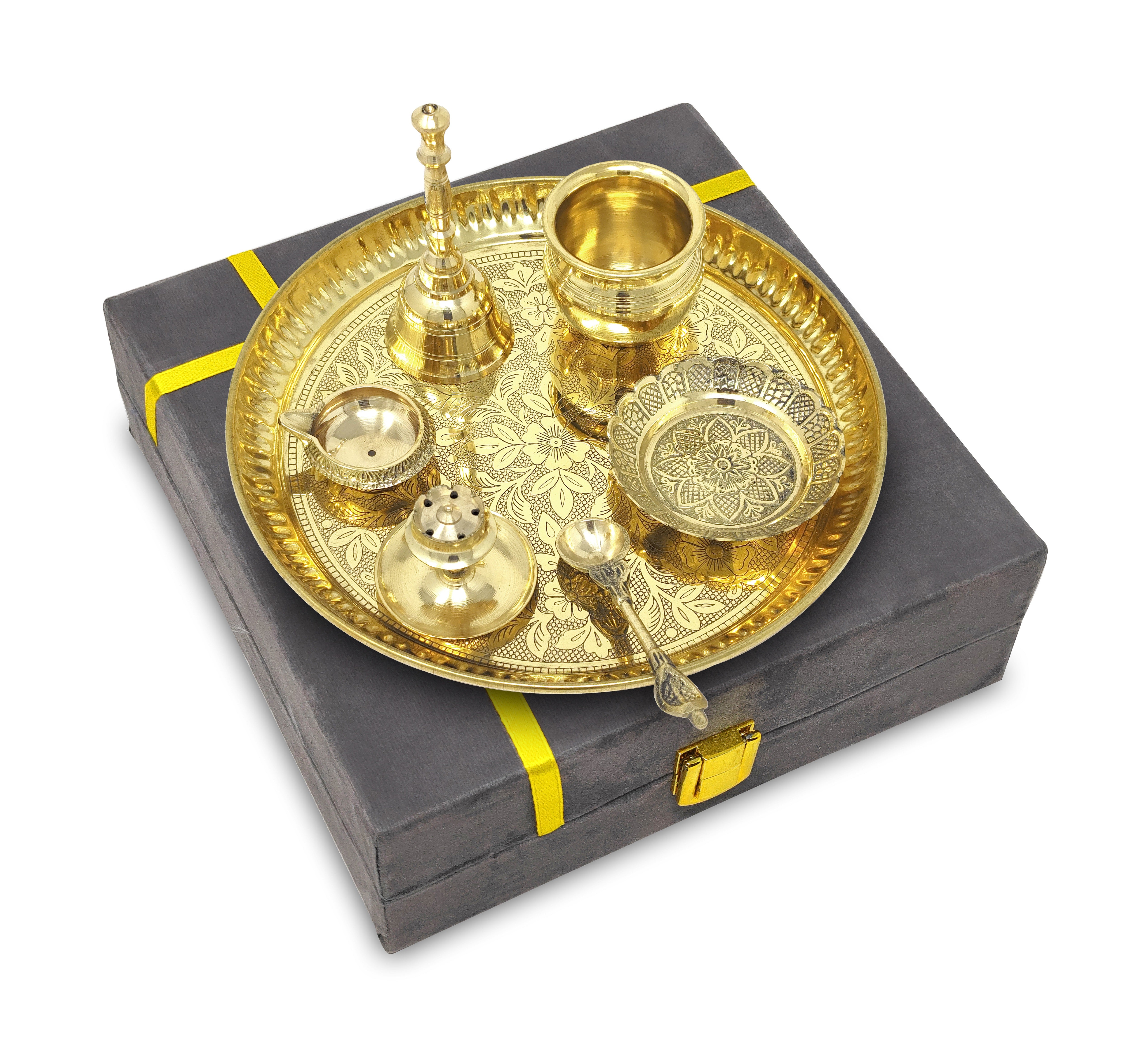 BENGALEN Brass Pooja Thali Set with Grey Gift Box 8 Inch