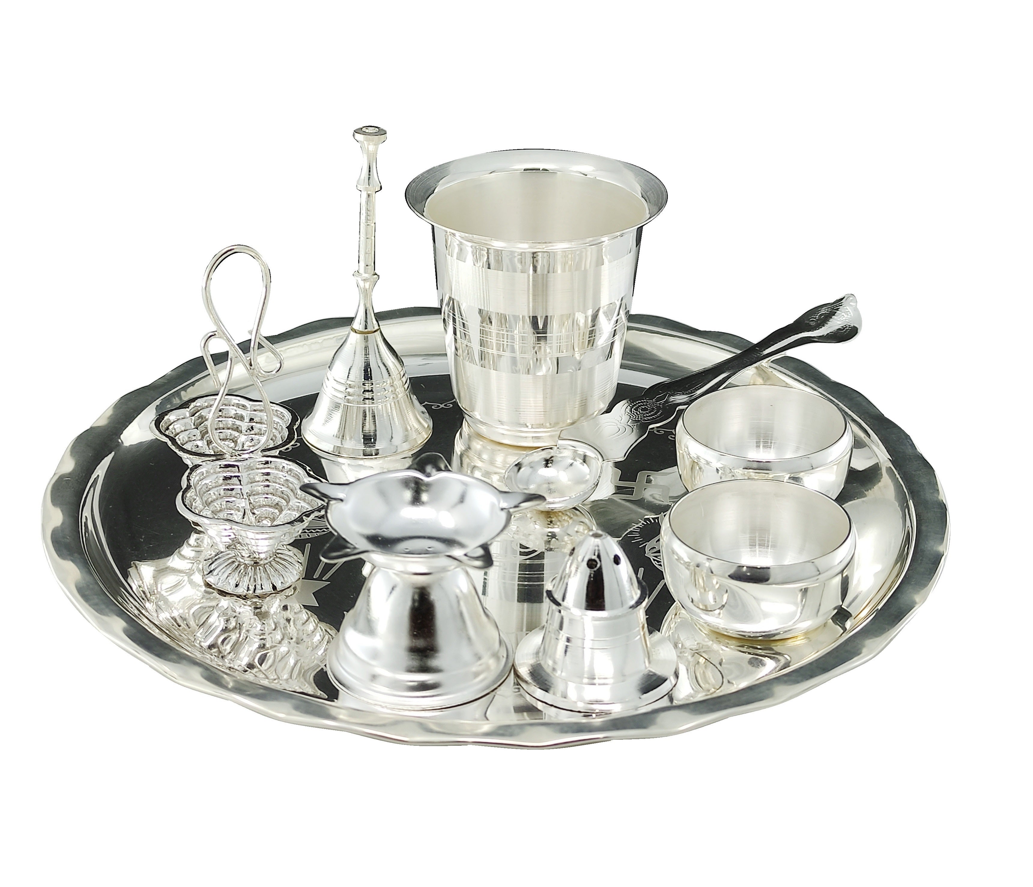 Bengalen Silver Plated Pooja thali Set 8 Inch with Plate Bowl Glass Palli Diya Ghanti Kumkum Stand Dhup Dan Puja Thali for Diwali Home Office Mandir Wedding Return Gift Items