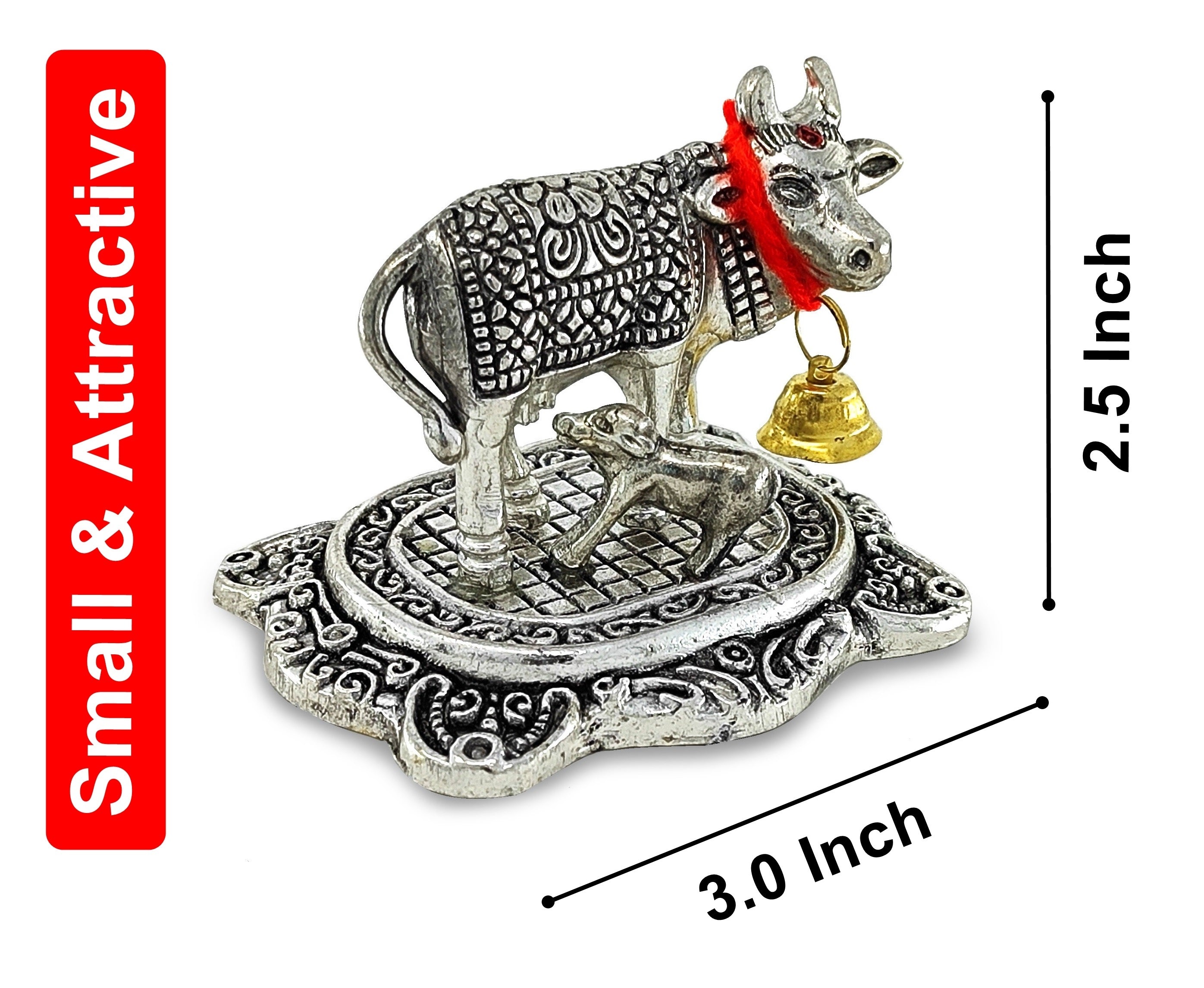 BENGALEN Small Kamdhenu Cow and Calf with Red Velvet Box Metal Statue, Decorative Showpiece for Home, Office, Diwali Decoration, Wedding Return Gift