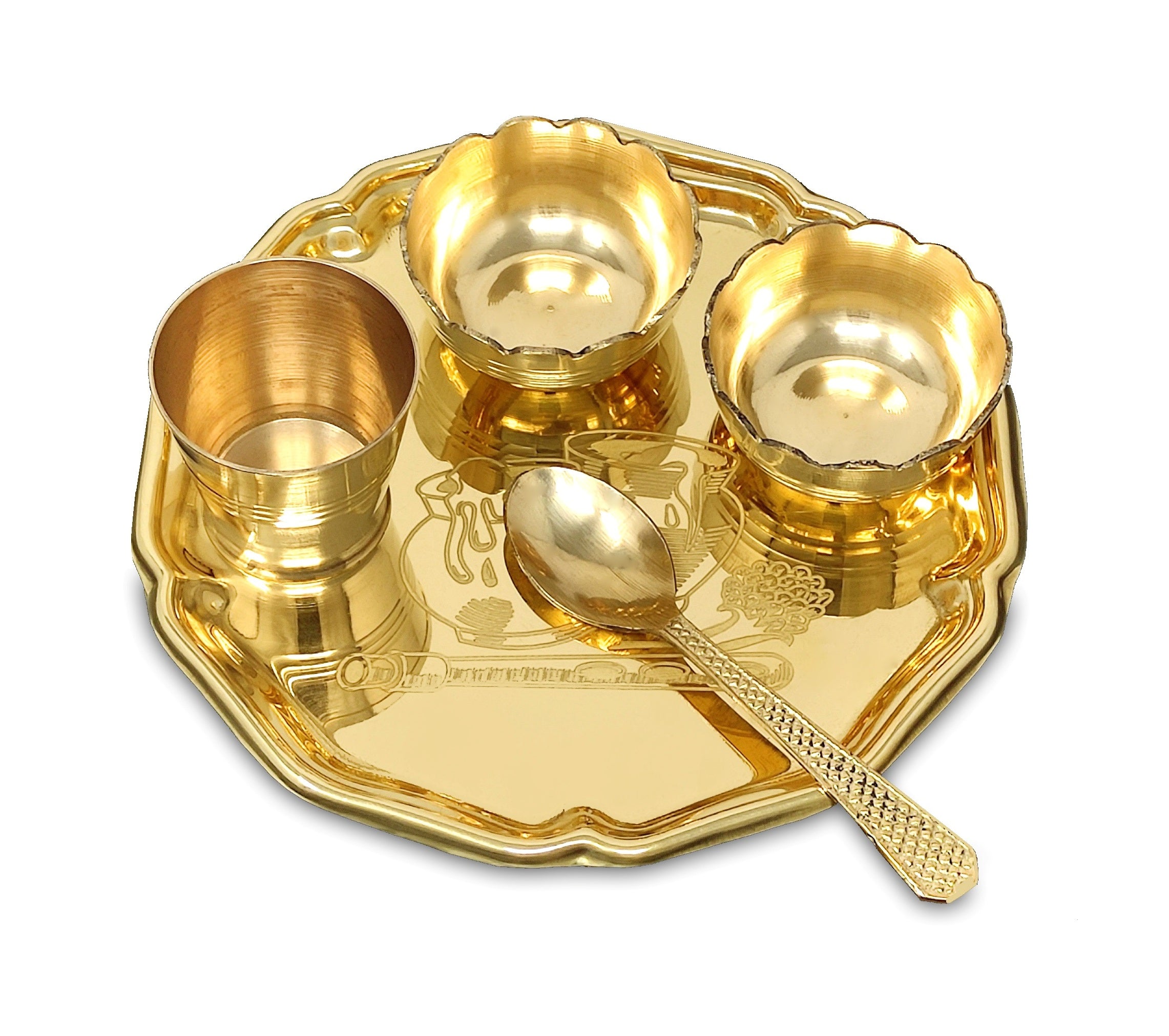 BENGALEN Pooja thali Set Brass Small 6 Inch Laddu Gopal Bhog Thali for Janmashtami Decoration Puja Item Festival Puja Krishna Bhog Thali Set for Home Office Mandir Return Gift Items