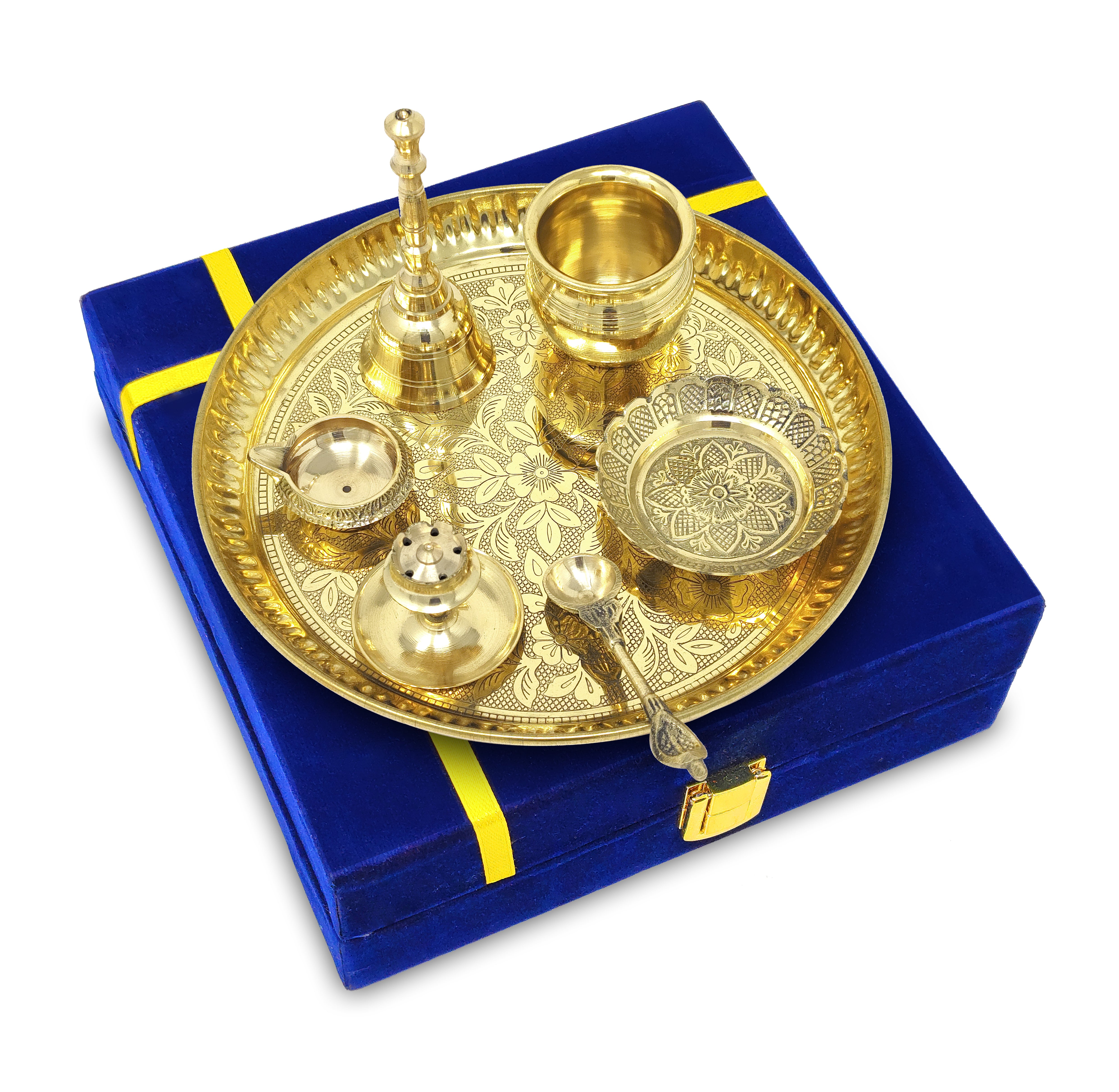 BENGALEN Brass Pooja Thali Set with Blue Gift Box 8 Inch