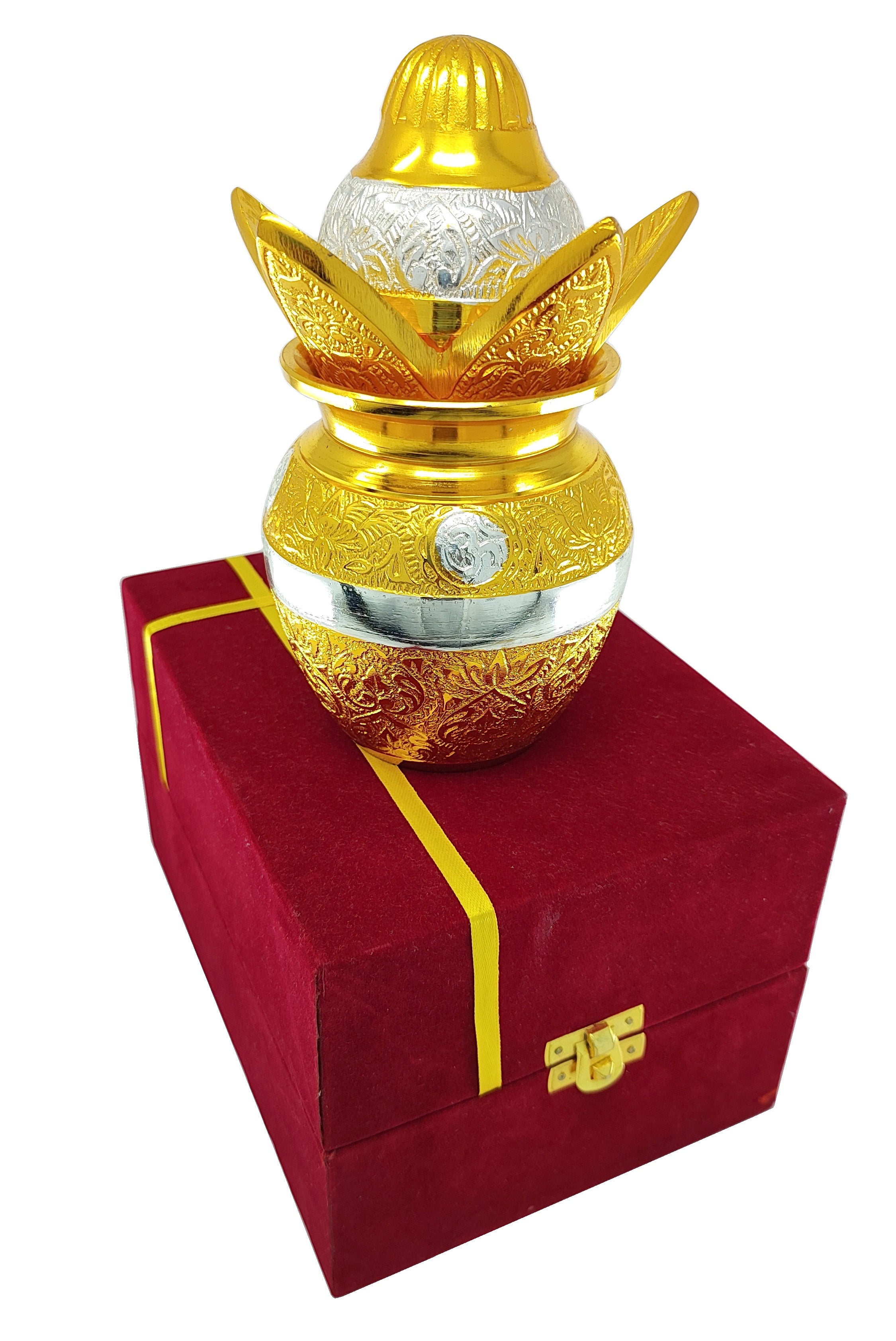 BENGALEN German Silver Gold Plated Pooja Kalash lota Coconut Leaves with Royal Velvet Box Poojan Home Temple Diwali Wedding Gift Items