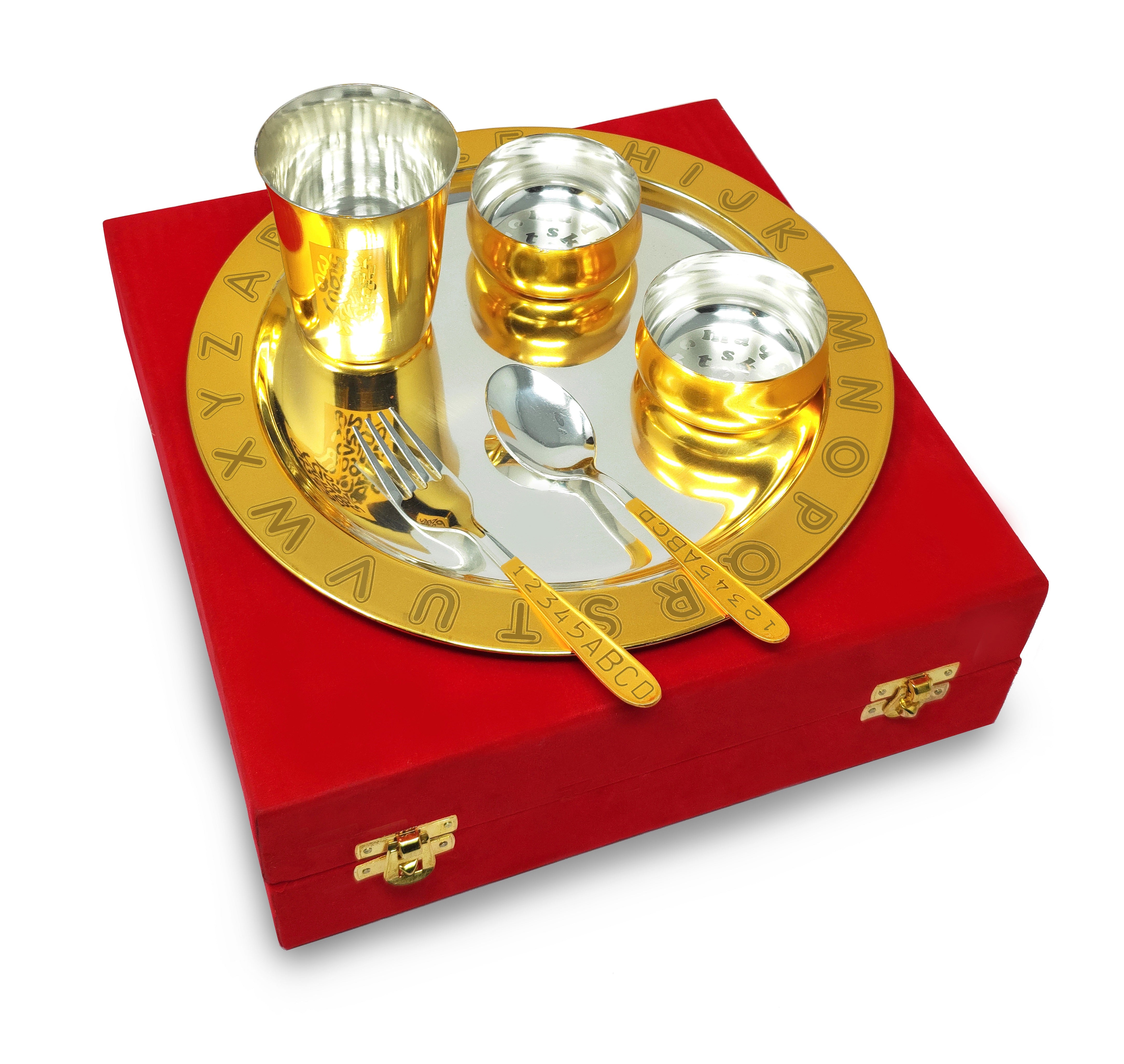 Bengalen Gold & Silver Plated Baby Dinner Set With Red Velvet Box for Gift Rice Ceremony Annaprashan Sanskar for Boys Girls Kids Birthday Return Festive Gift Items