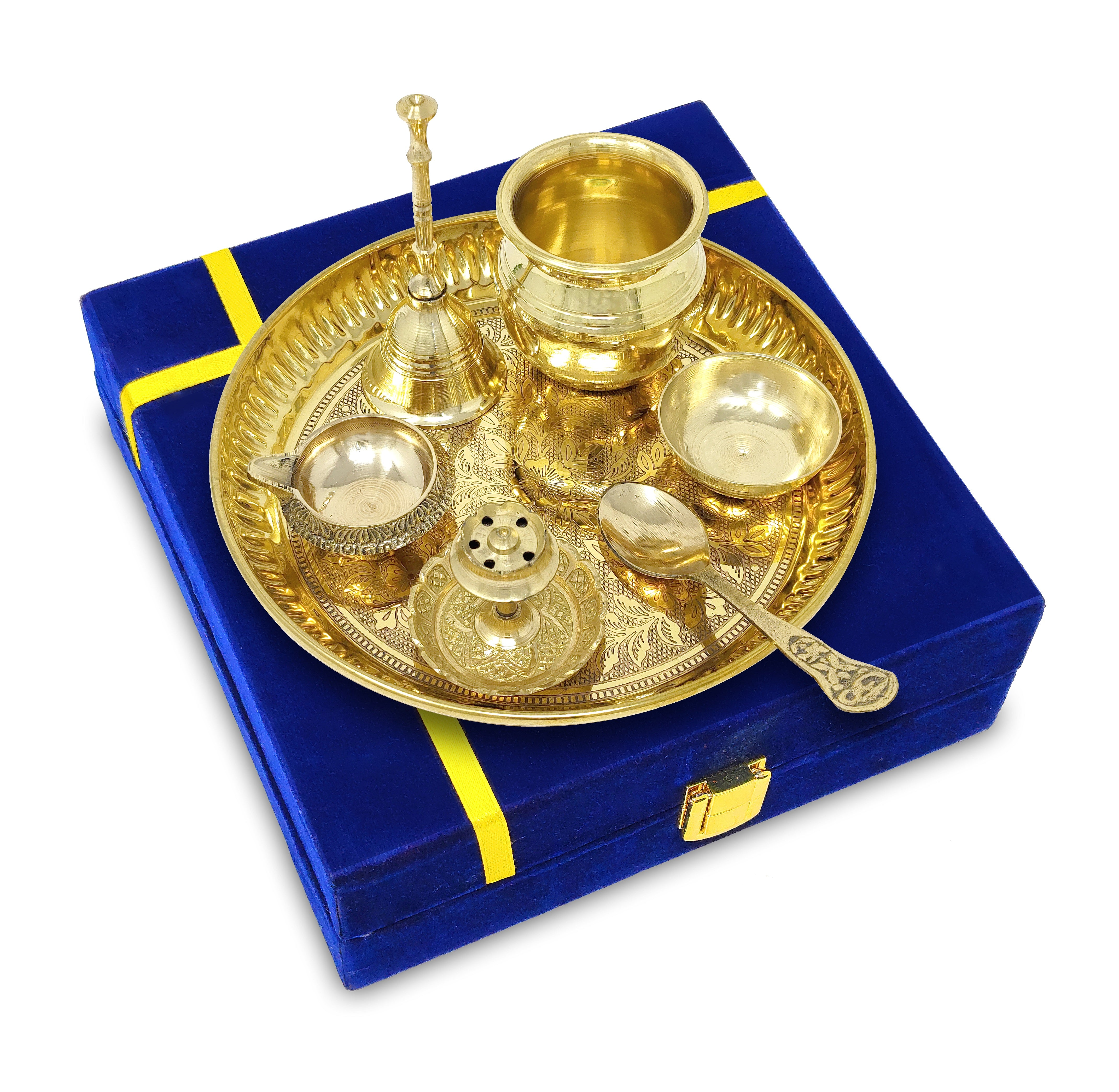 BENGALEN Brass Puja Thali Set with Blue Gift Box 6 Inch