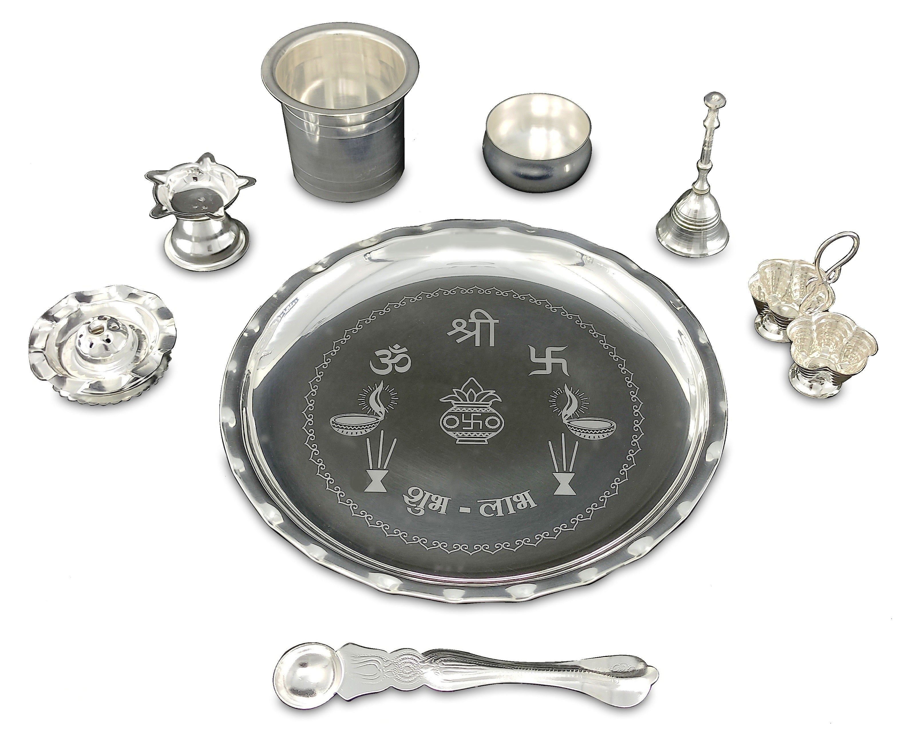 Bengalen Silver Plated Pooja thali Set 08 Inch Festival Ethnic Puja Thali Items for Home, Office, Mandir, Weeding Gift