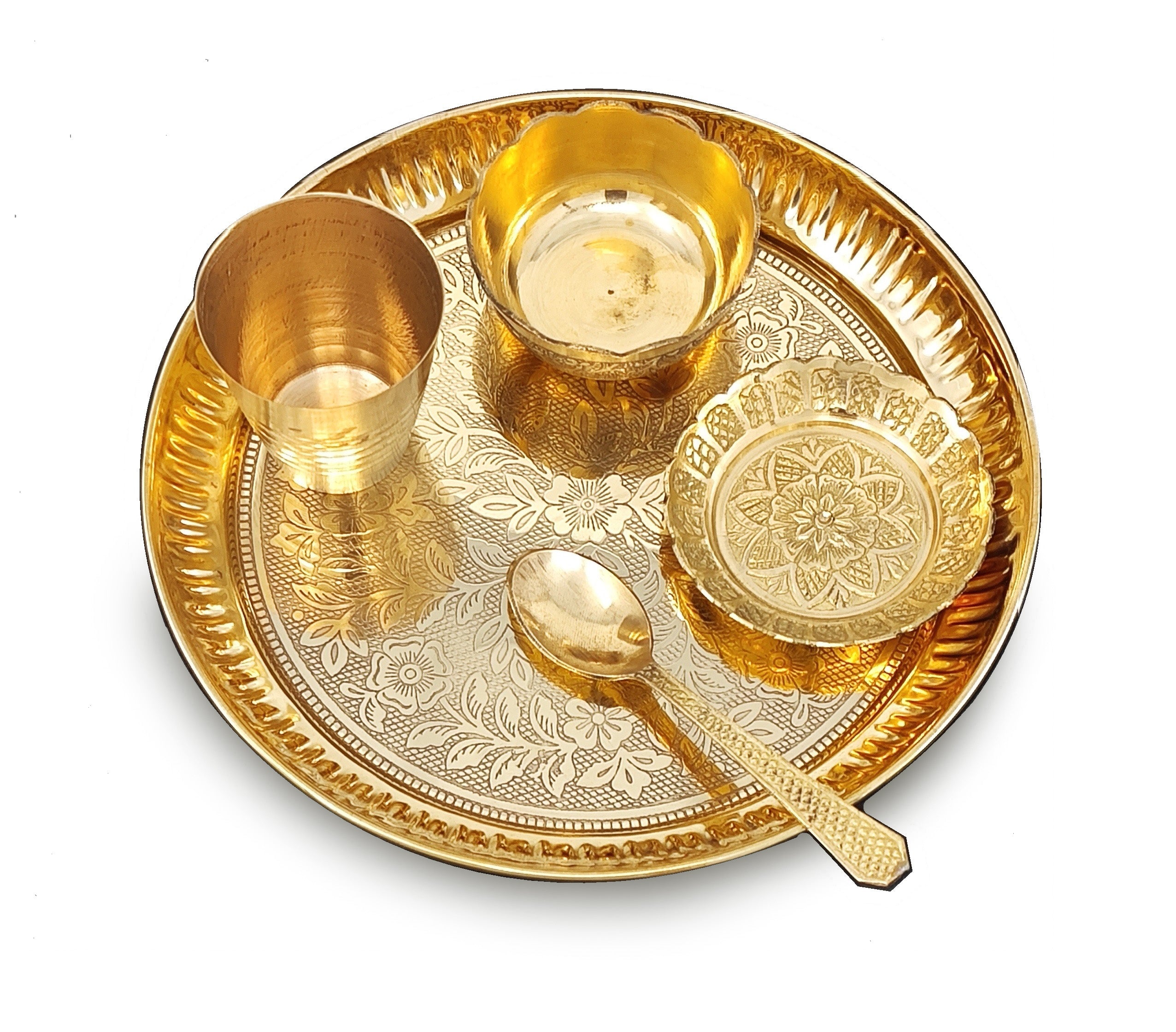 BENGALEN Brass Pooja Bhog Thali Set 7 Inch with Pital Puja Plate Kalash Bowl Spoon Dhup Dan Palli Ghanti Kuber Diya Chandan Wati Arti Thali for Diwali Home Office Mandir Wedding Return Gift Items