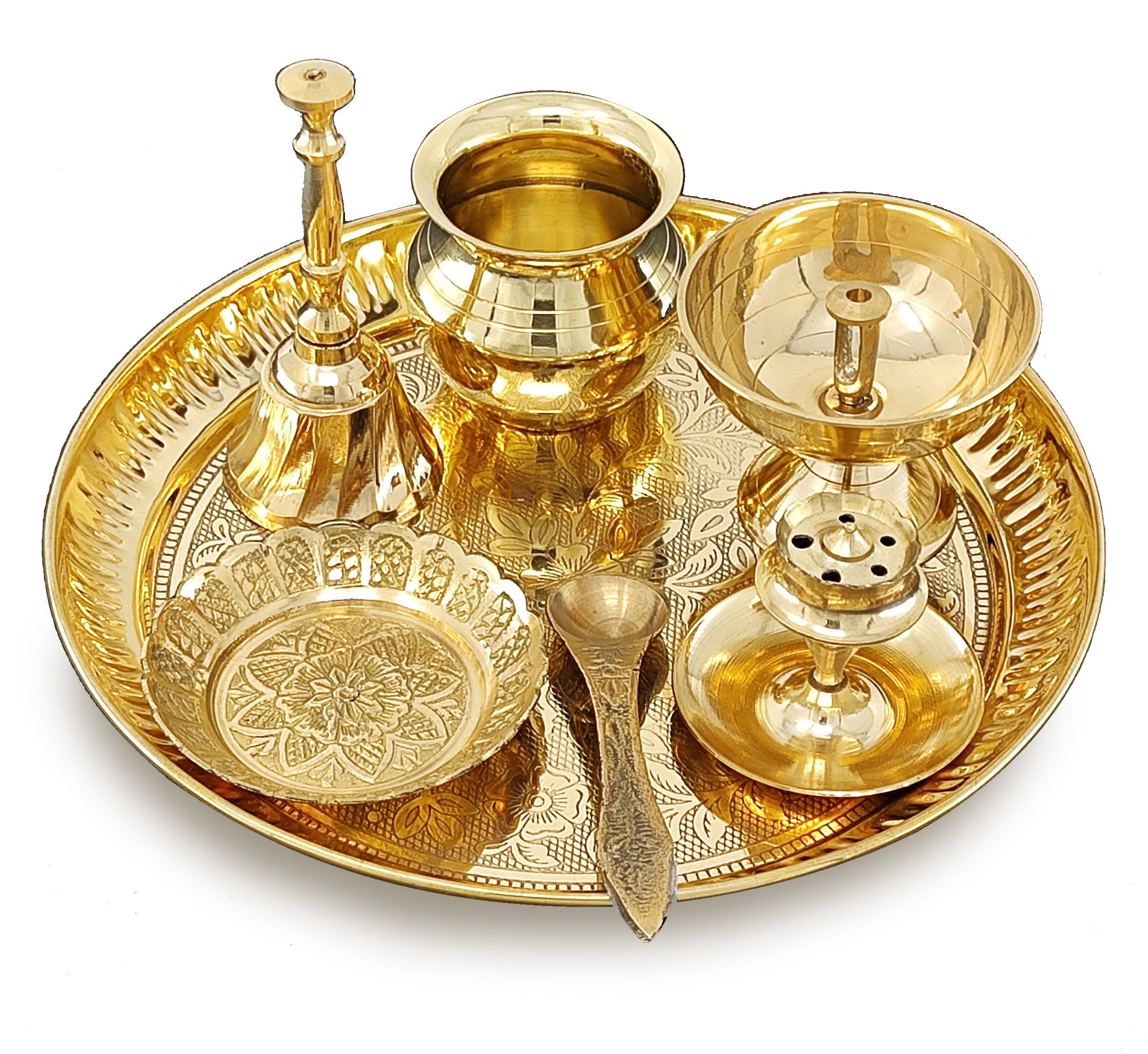 BENGALEN Brass Pooja Thali Set 7 Inch with Pital Puja Plate Kalash Bowl Spoon Dhup Dan Palli Ghanti Kuber Diya Chandan Wati Arti Thali for Diwali Home Office Mandir Wedding Return Gift Items