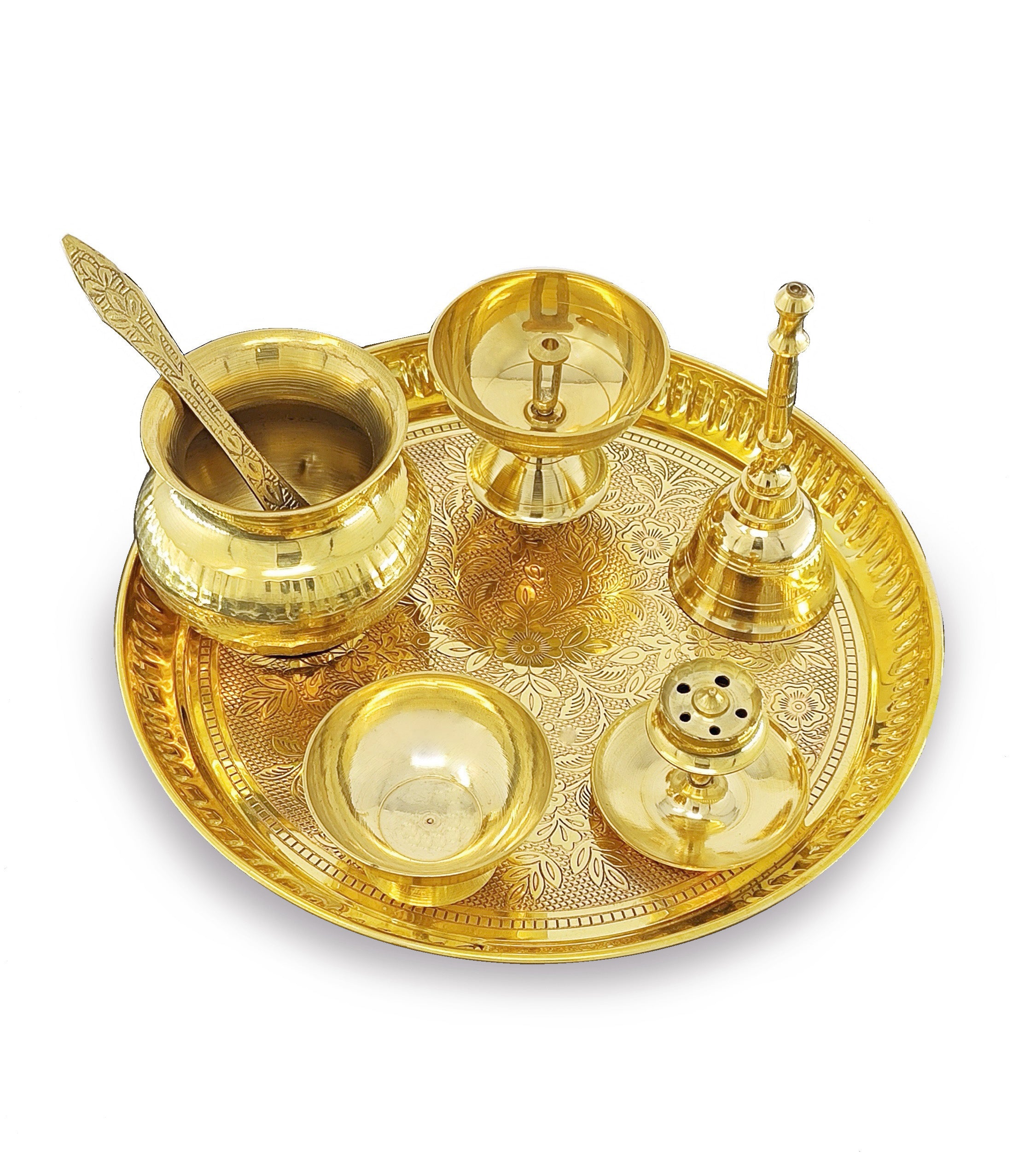 BENGALEN Brass Puja Thali Set 8 Inch Pooja Thali with Pital Plate Kalash Chandan Vati Piyali Deep Dhup Dan Ghanti Palli Diya Arti Thali for Diwali Home Office Mandir Wedding Return Gift Items