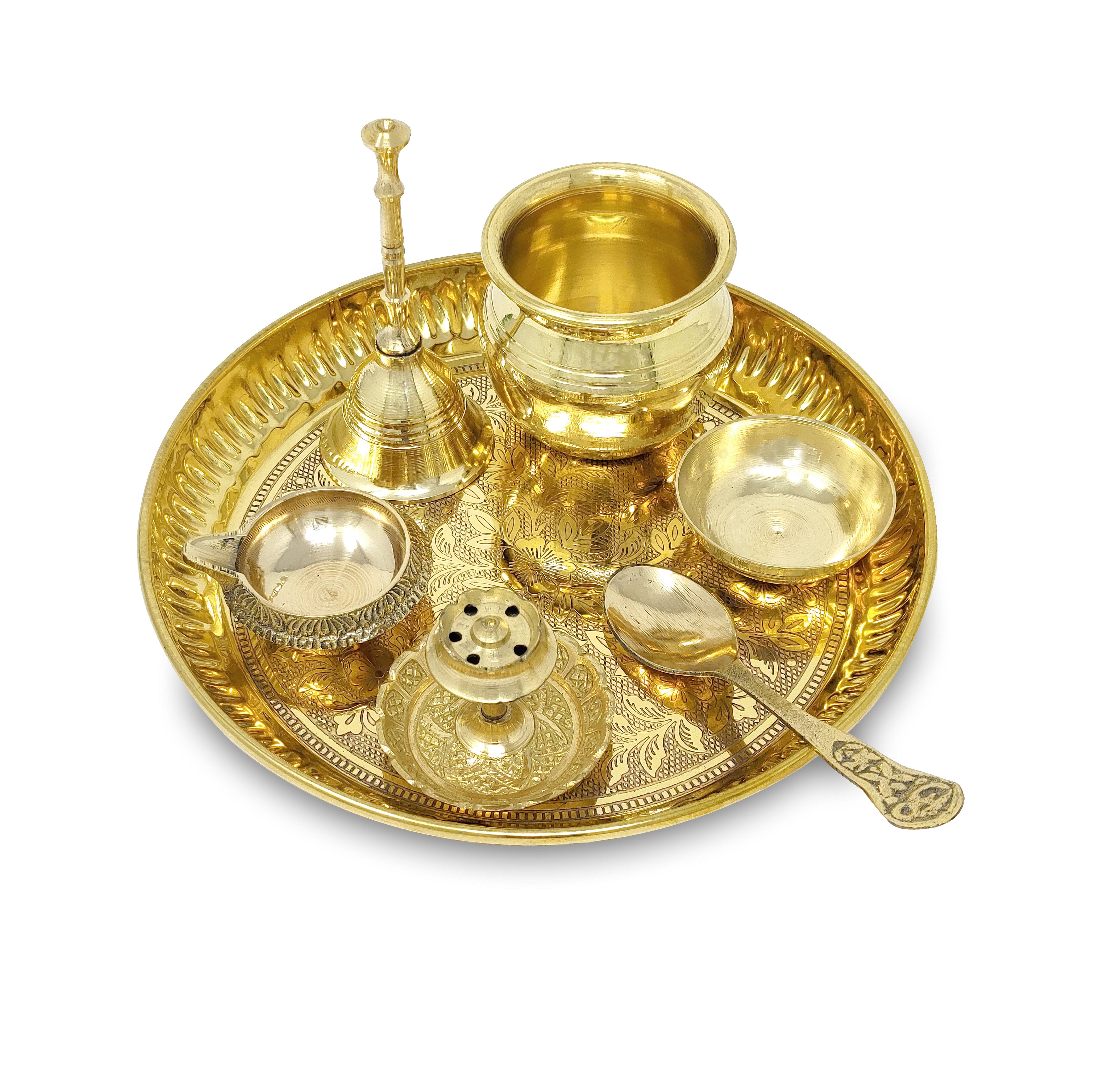 BENGALEN Brass Pooja Thali Set with Grey Gift Box 6 Inch