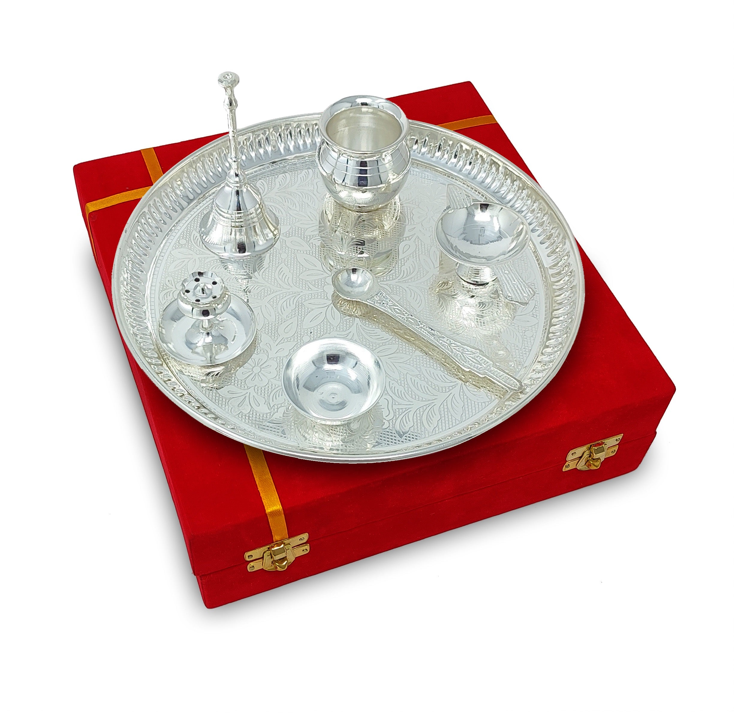 BENGALEN Pooja Thali Set Silver Plated with Red Gift Box Designed 9 Inch Puja Plate Kalash Bowl Ghanti Spoon Dhup Dan Diya for Home Office Diwali Wedding Return Gift Items