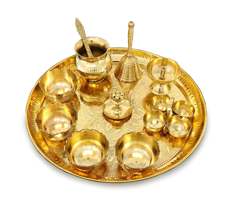 Bengalen Brass Pooja Thali Set 12 Inch with Pital Plate Kalash Bowl Spoon Haldi Kumkum Stand Ghanti Piyali Diya Puja Thali for Diwali Home Office Mandir Wedding Return Gift Items